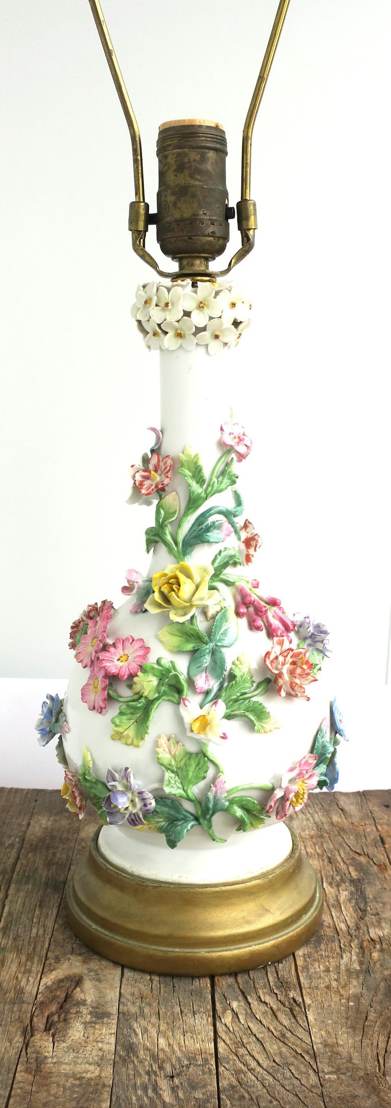 Italian White Porcelain Lamp with Colorful Flowers, Leaves and Vines ...