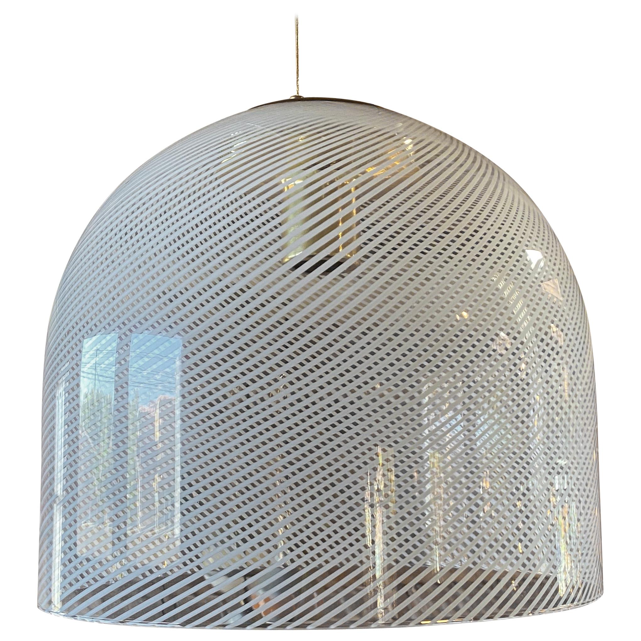 Italian White Stripe Murano Glass Globe Pendant Chandelier by Mazzega, 1970s