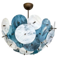 Italian White Teal Turquoise Blue Murano Glass Sputnik Half Dome Chandelier