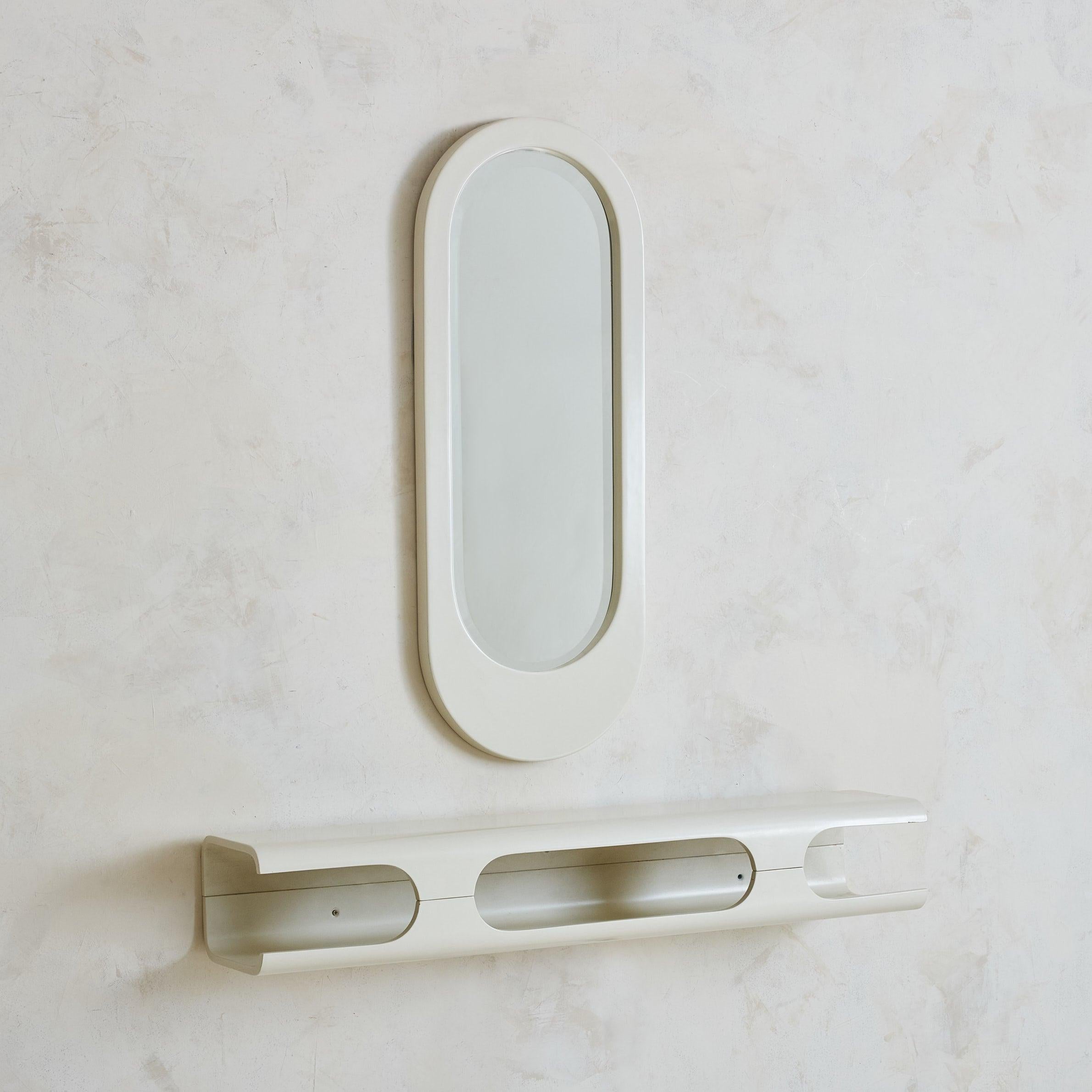 Modern Italian White Wood Wall Mounted Console + Mirror, 1960s For Sale