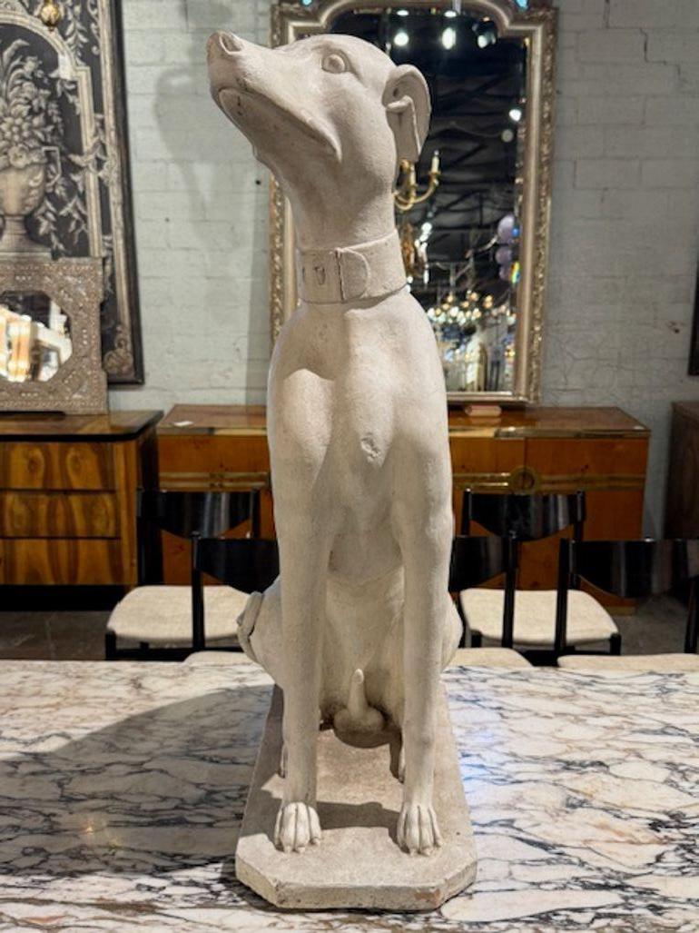 Antique Italian whitewashed terracotta whippet. Italian craftsmanship with whimsical elegance—whitewashed terracotta whippets are beloved for their lifelike detail, graceful posture, and timeless charm. Circa 1910. 9.5w x 19d x 30h