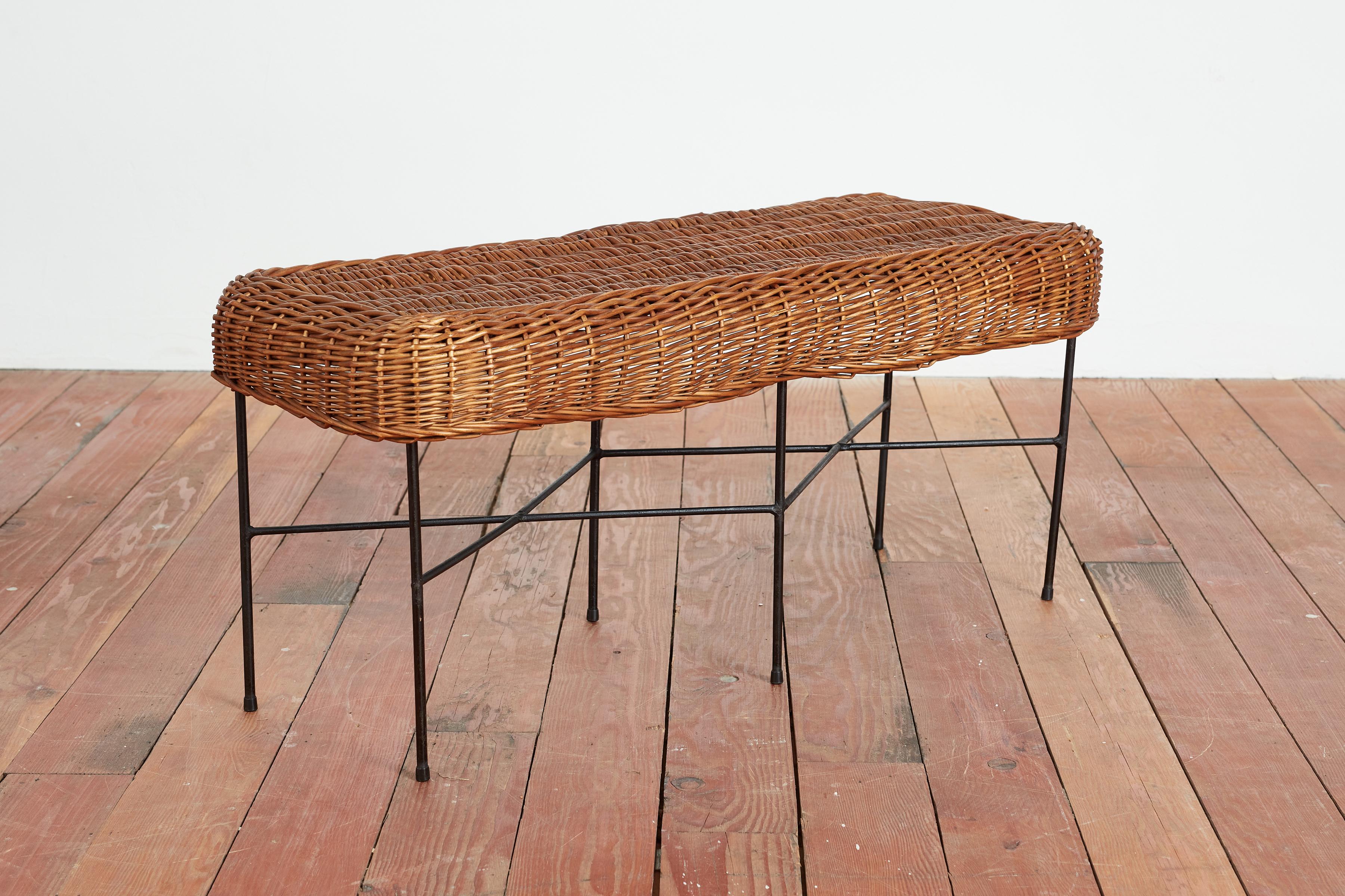 Mid-20th Century Italian Wicker and Iron Bench For Sale