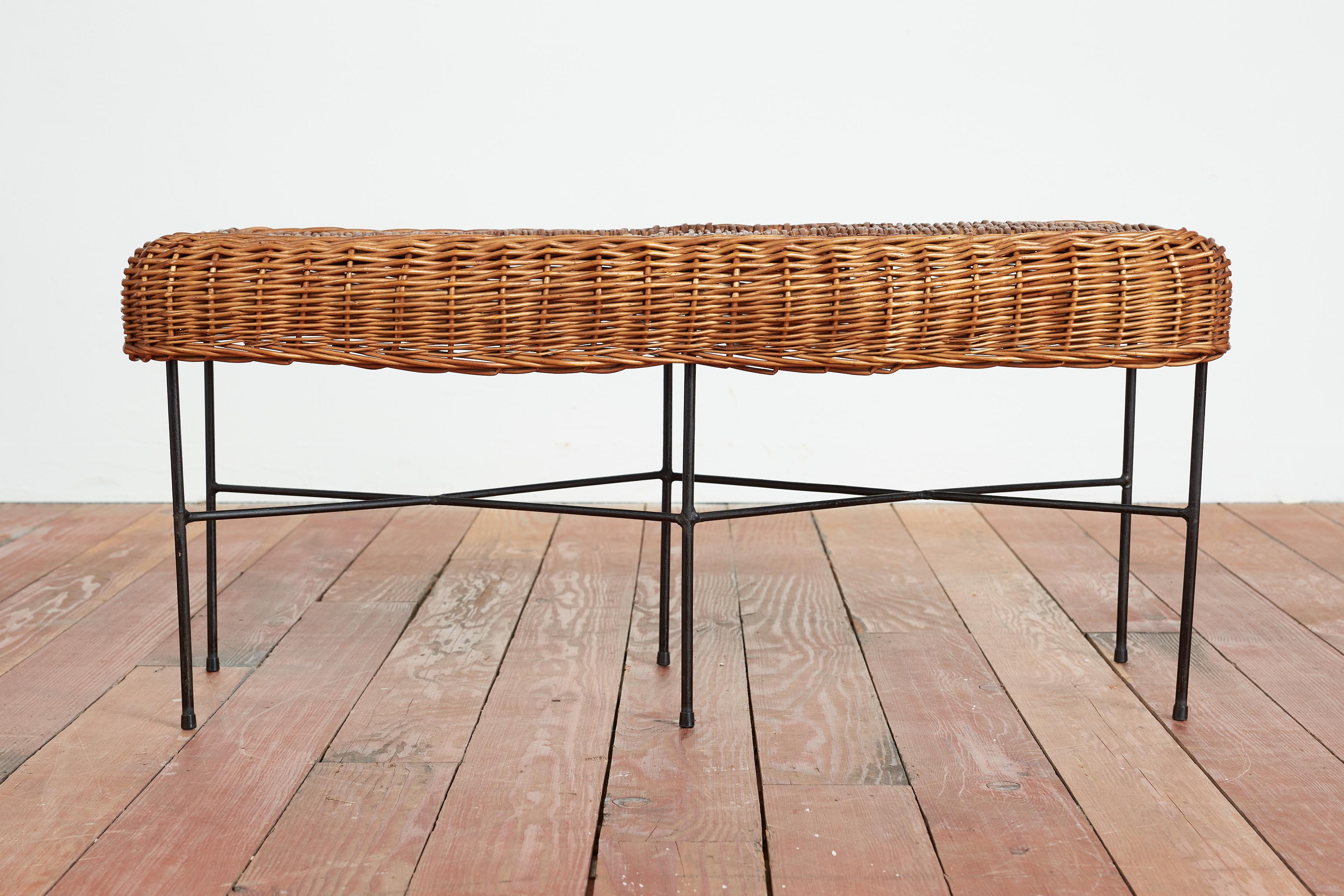 Italian Wicker and Iron Bench For Sale 1