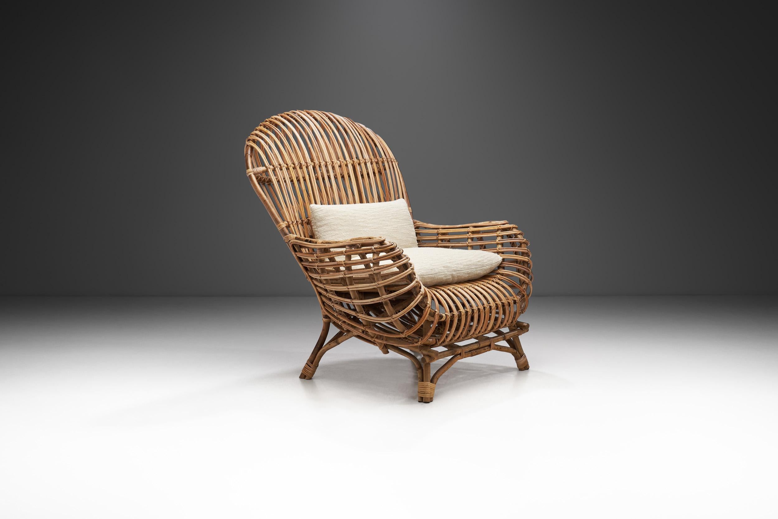 Mid-Century Modern Italian Wicker Armchair with Upholstered Seat Cushion, Italy, 1960s