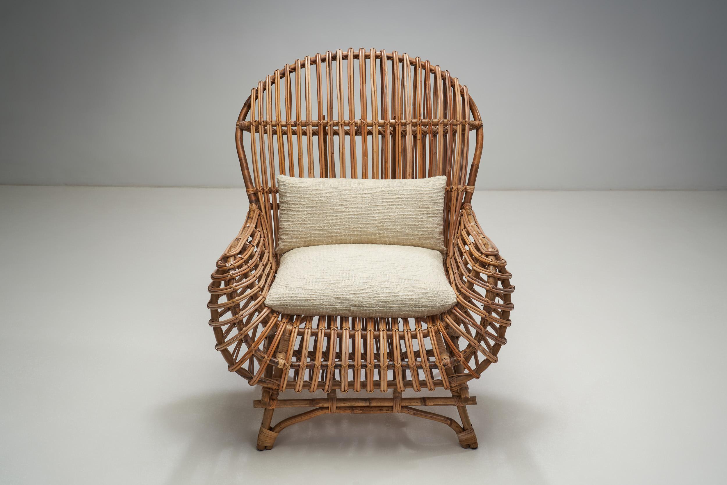 Fabric Italian Wicker Armchair with Upholstered Seat Cushion, Italy, 1960s