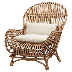 Vintage Italian Wicker Armchair with Upholstered Seat Cushion, Italy, 1960s