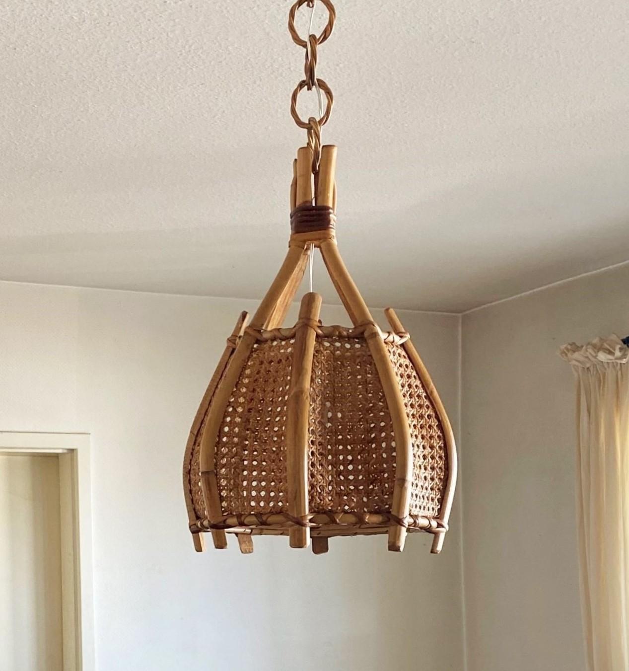 Midcenturyt Wicker Weave Bamboo Rattan Pendant or Bell Lantern, France, 1960s For Sale 4