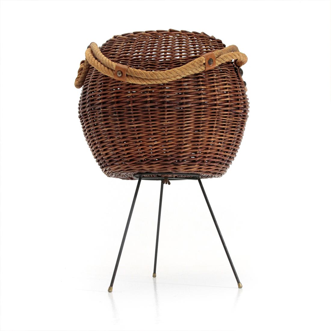Mid-Century Modern Italian Wicker Basket with Rope Handle, 1950s