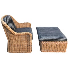 italian wicker chairs Italian Wicker Rattan Lounge Chair and Ottoman
