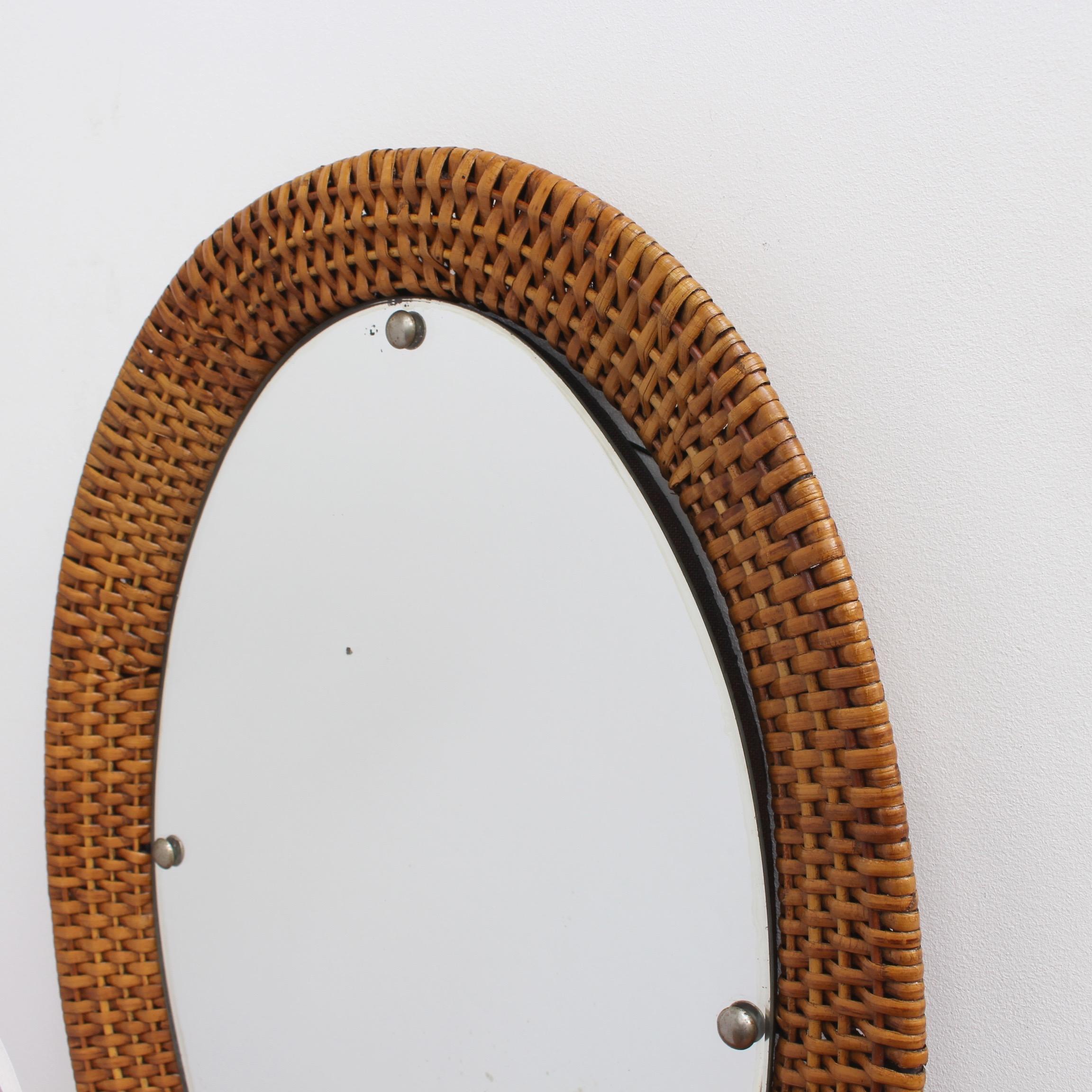 Italian Wicker Rattan Oval-Shaped Wall Mirror, circa 1960s 5