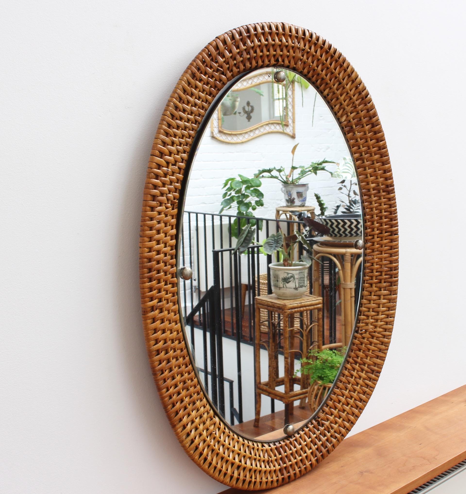 Mid-Century Modern Italian Wicker Rattan Oval-Shaped Wall Mirror, circa 1960s