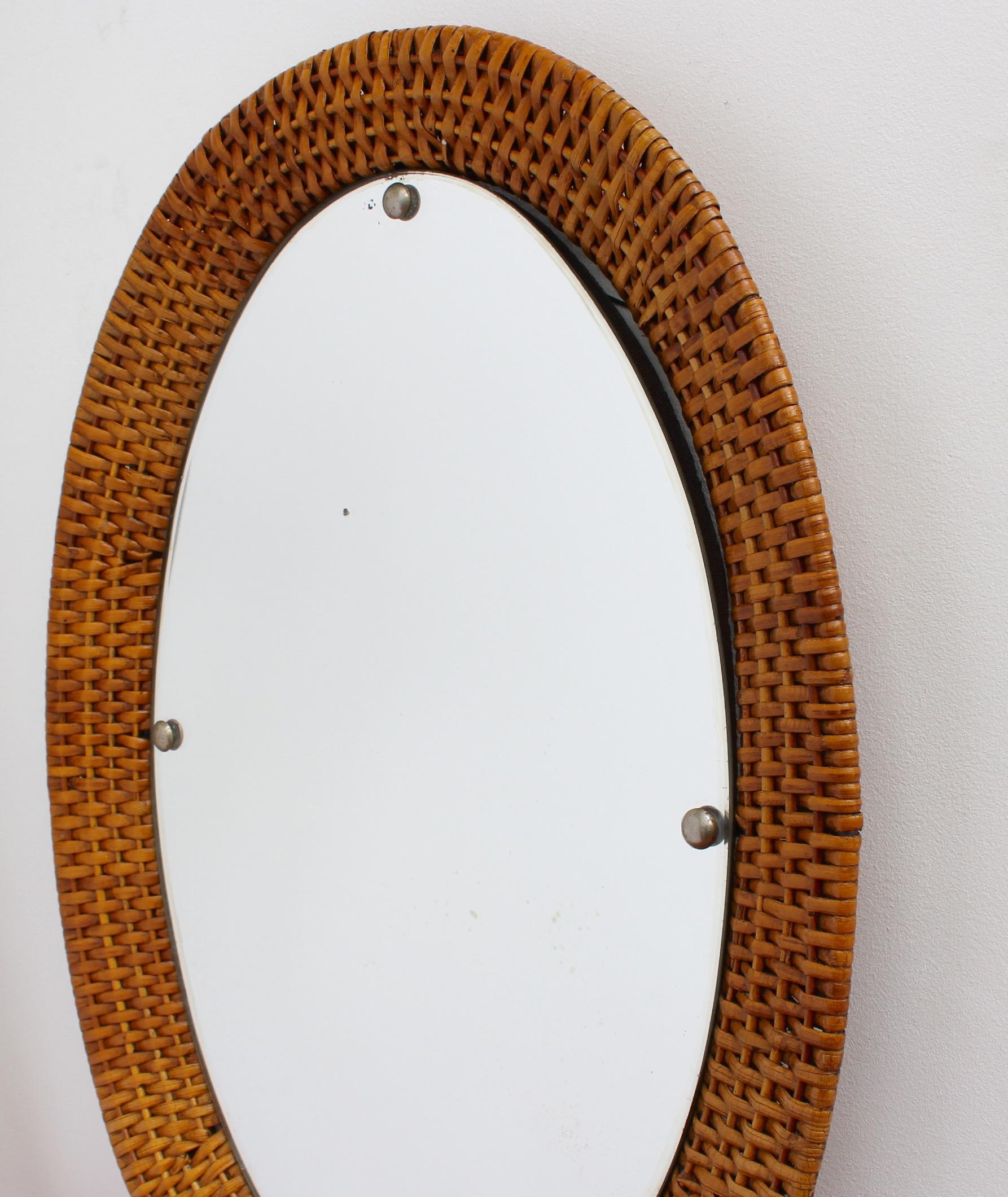 Italian Wicker Rattan Oval-Shaped Wall Mirror, circa 1960s 1