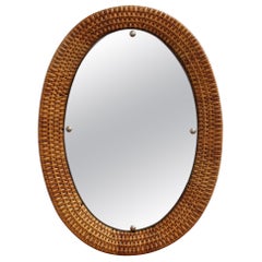 Italian Wicker Rattan Oval-Shaped Wall Mirror, circa 1960s