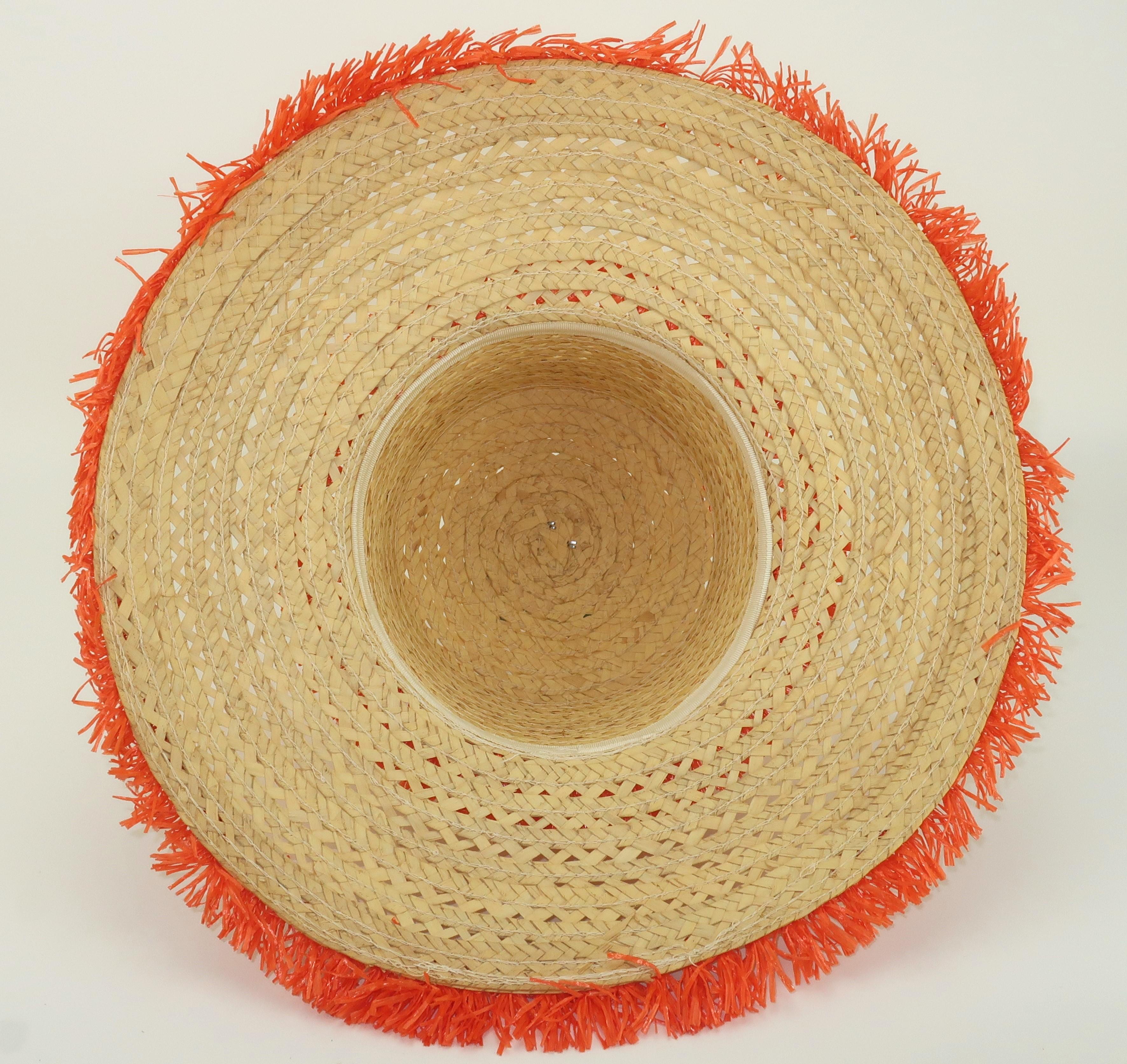 Italian Wide Brim Straw Beach Hat With Orange Raffia Trim, 1960's For Sale 7