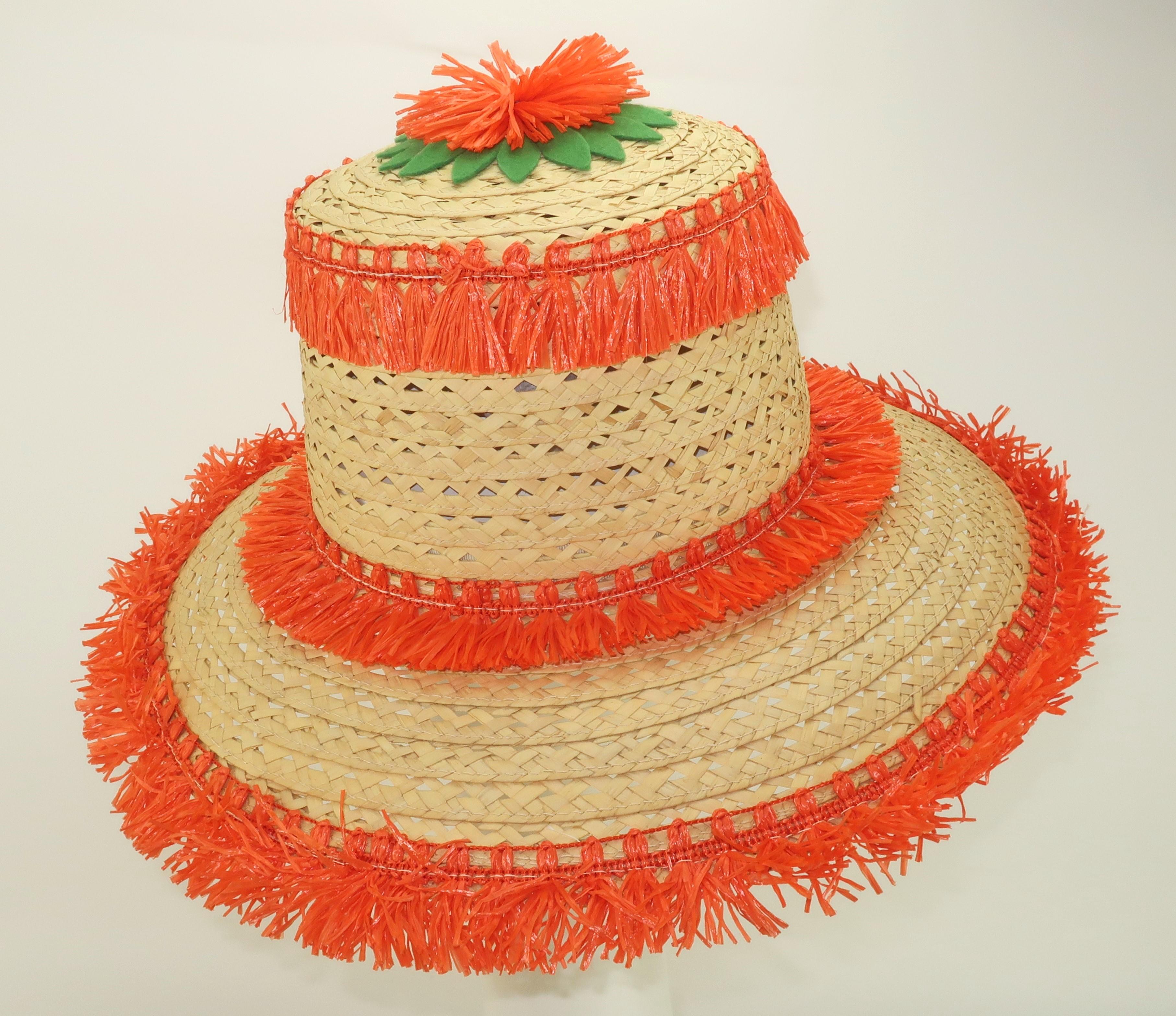 Italian Wide Brim Straw Beach Hat With Orange Raffia Trim, 1960's In Good Condition For Sale In Atlanta, GA