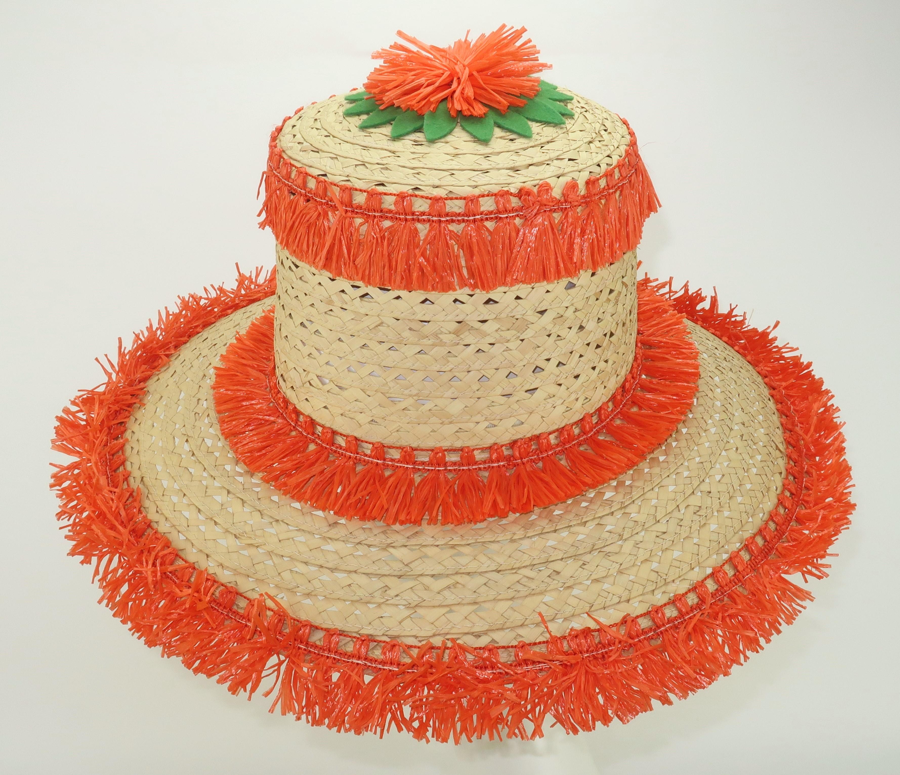Women's Italian Wide Brim Straw Beach Hat With Orange Raffia Trim, 1960's For Sale