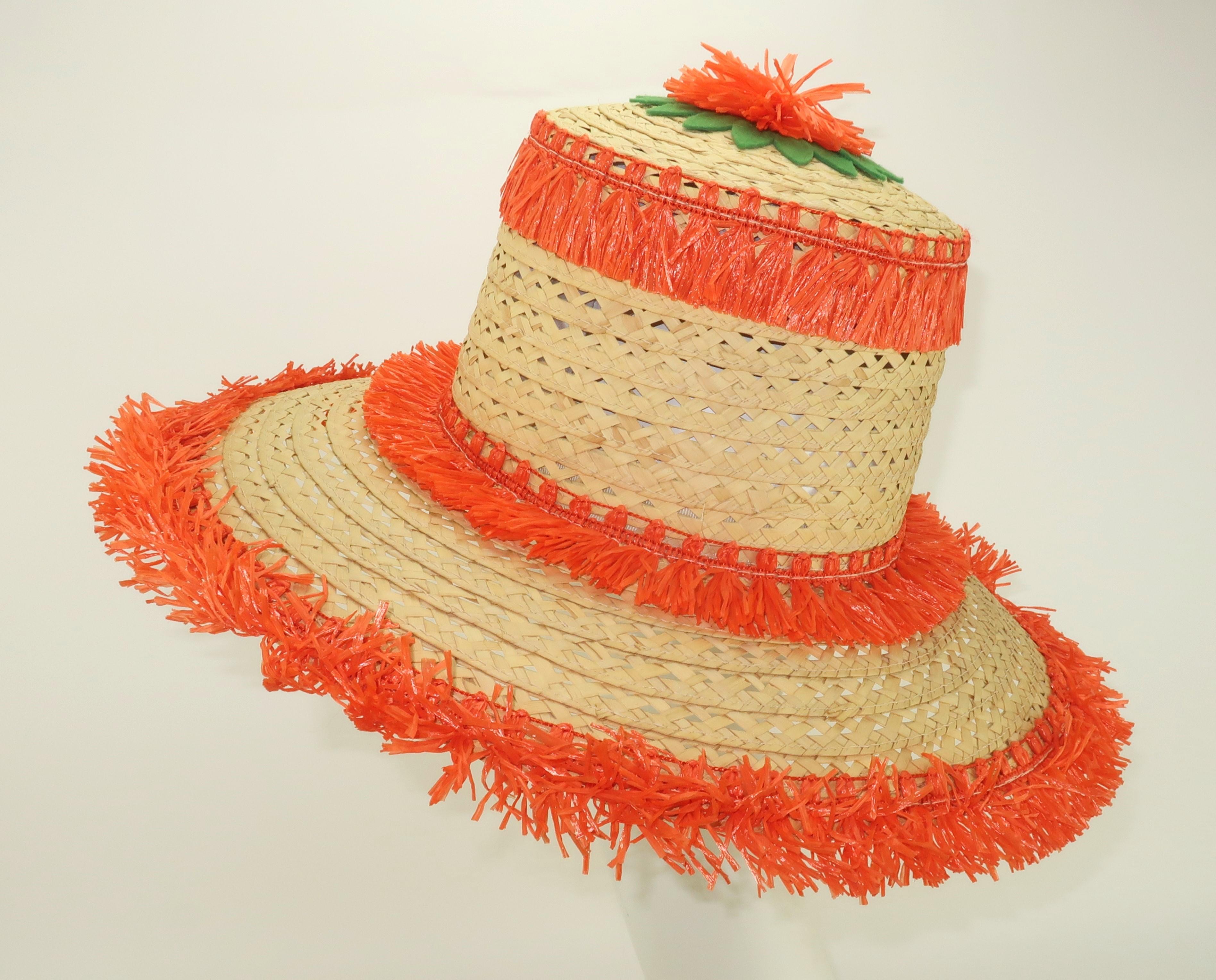 Italian Wide Brim Straw Beach Hat With Orange Raffia Trim, 1960's For Sale 1
