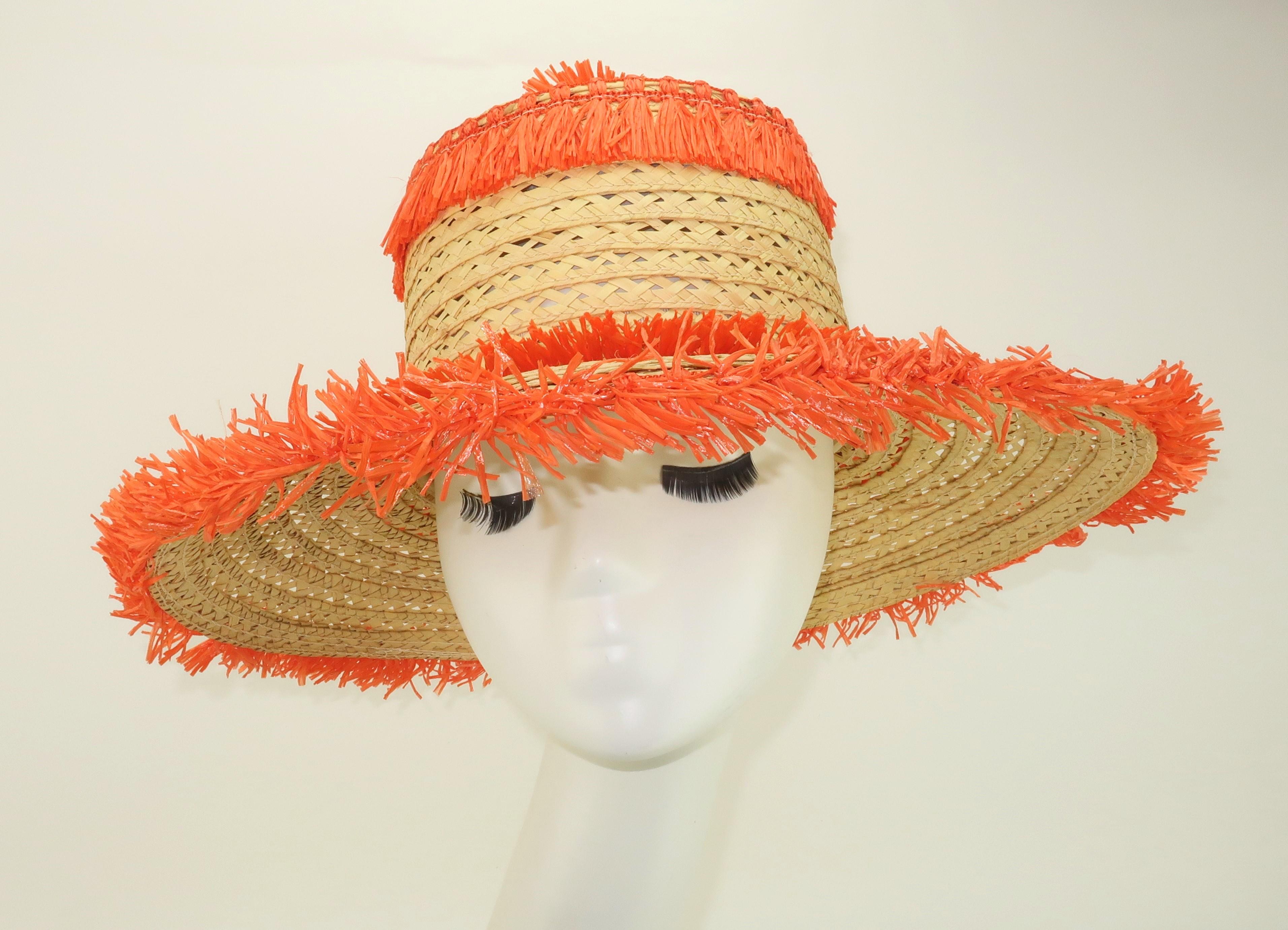 Italian Wide Brim Straw Beach Hat With Orange Raffia Trim, 1960's For Sale 2