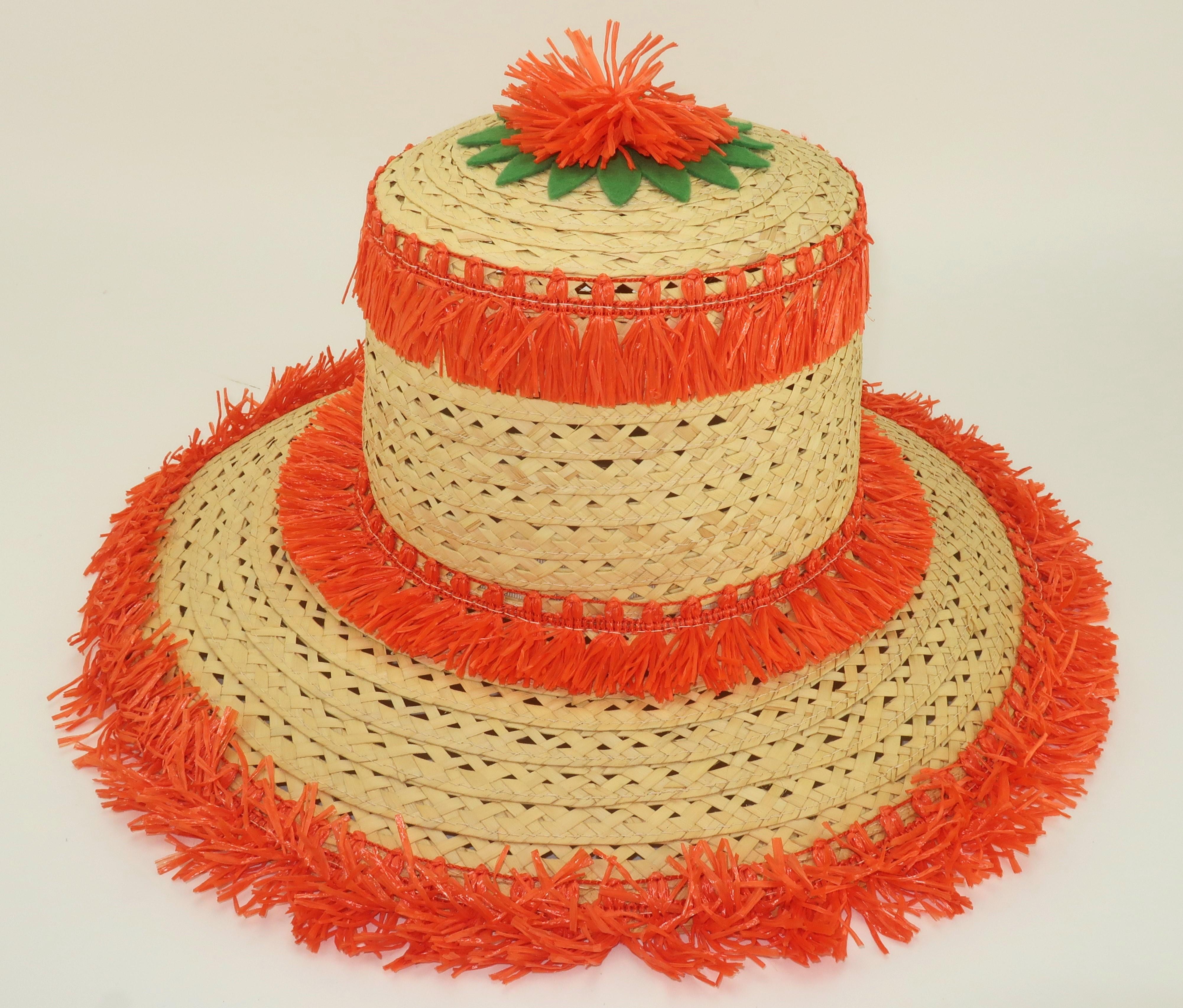 Italian Wide Brim Straw Beach Hat With Orange Raffia Trim, 1960's For Sale 3