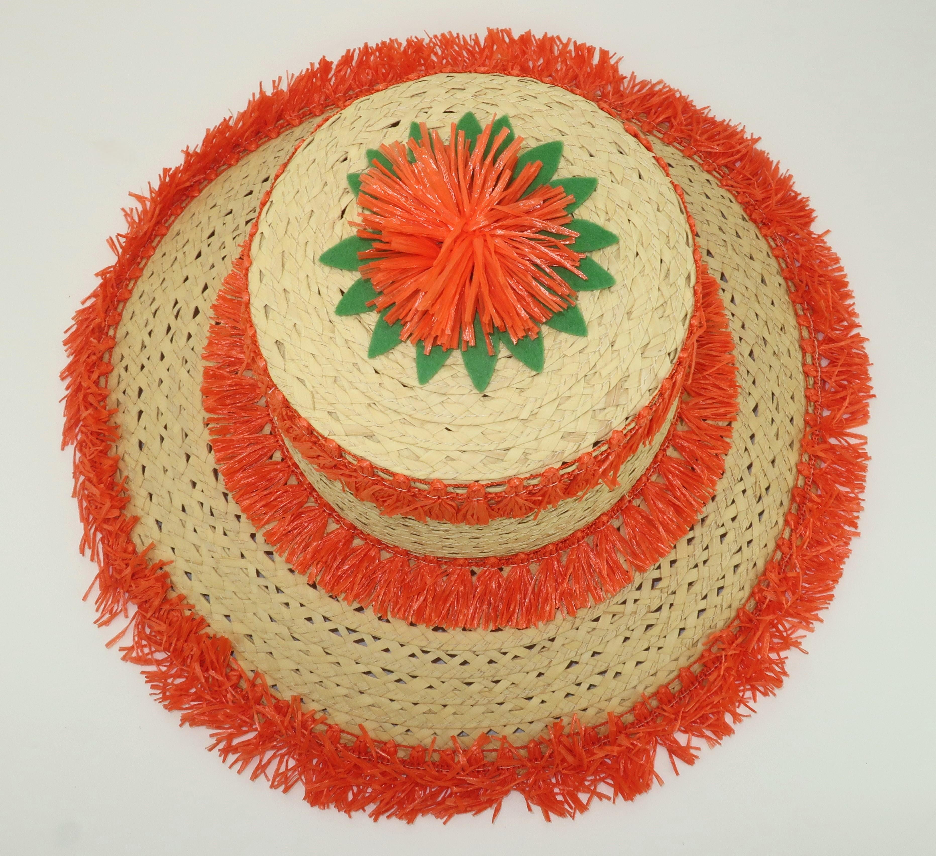Italian Wide Brim Straw Beach Hat With Orange Raffia Trim, 1960's For Sale 4