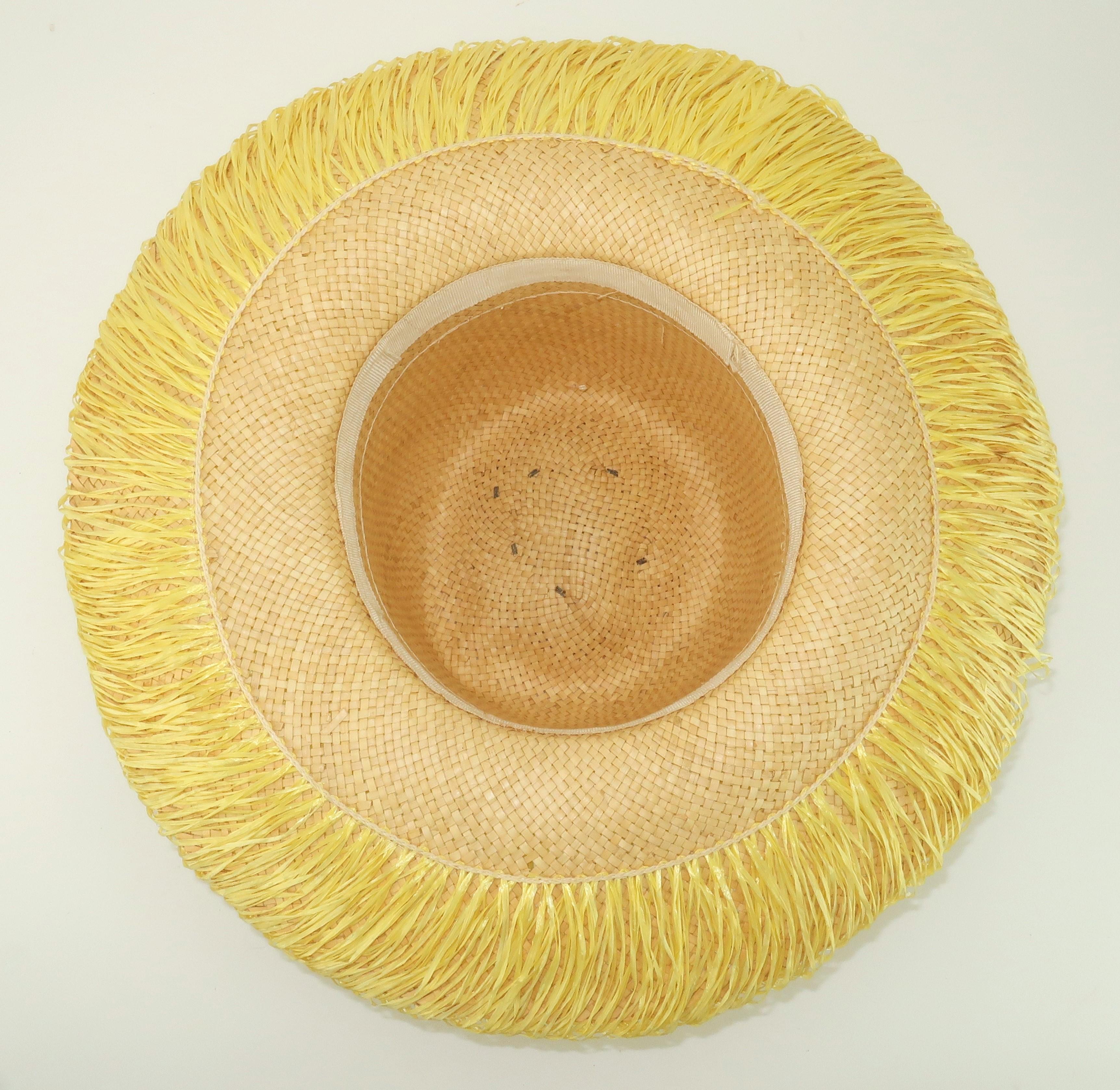 Italian Wide Brim Straw Beach Hat With Sunflower Raffia Trim, 1960's For Sale 6