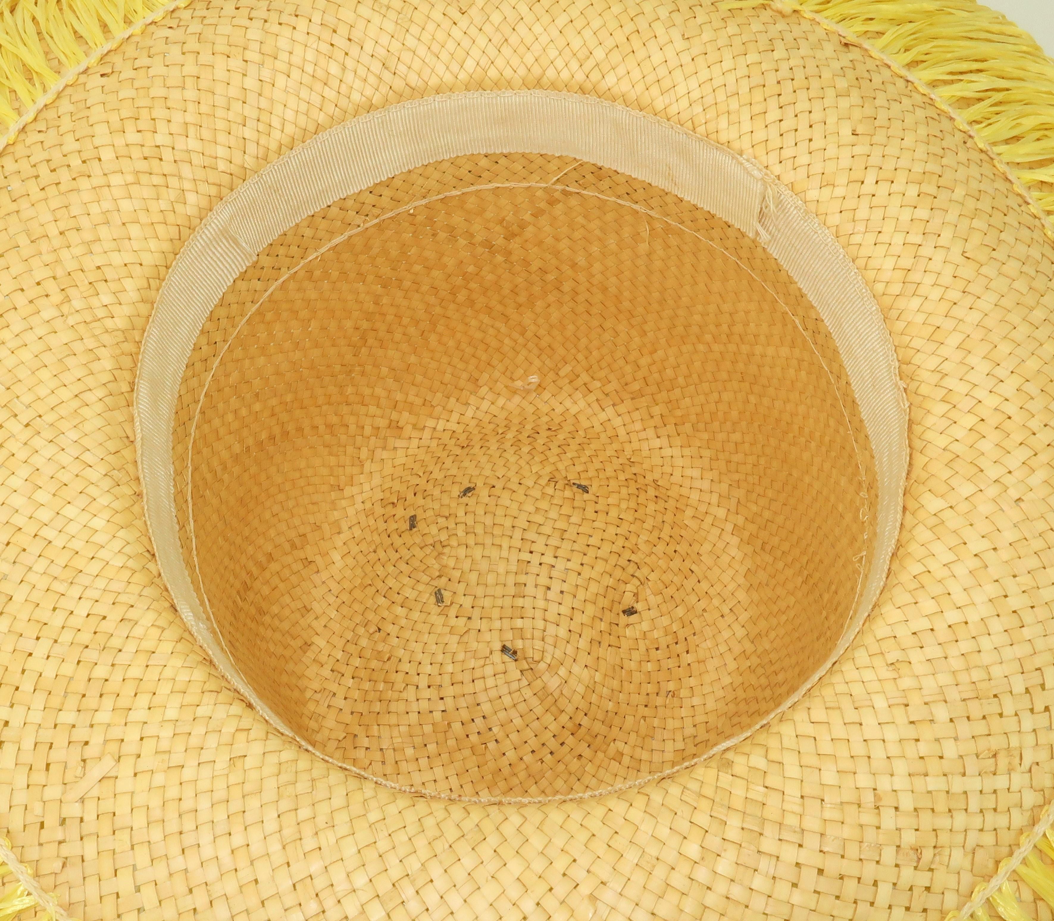 Italian Wide Brim Straw Beach Hat With Sunflower Raffia Trim, 1960's For Sale 7