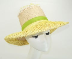 Italian Wide Brim Straw Beach Hat With Sunflower Raffia Trim, 1960's
