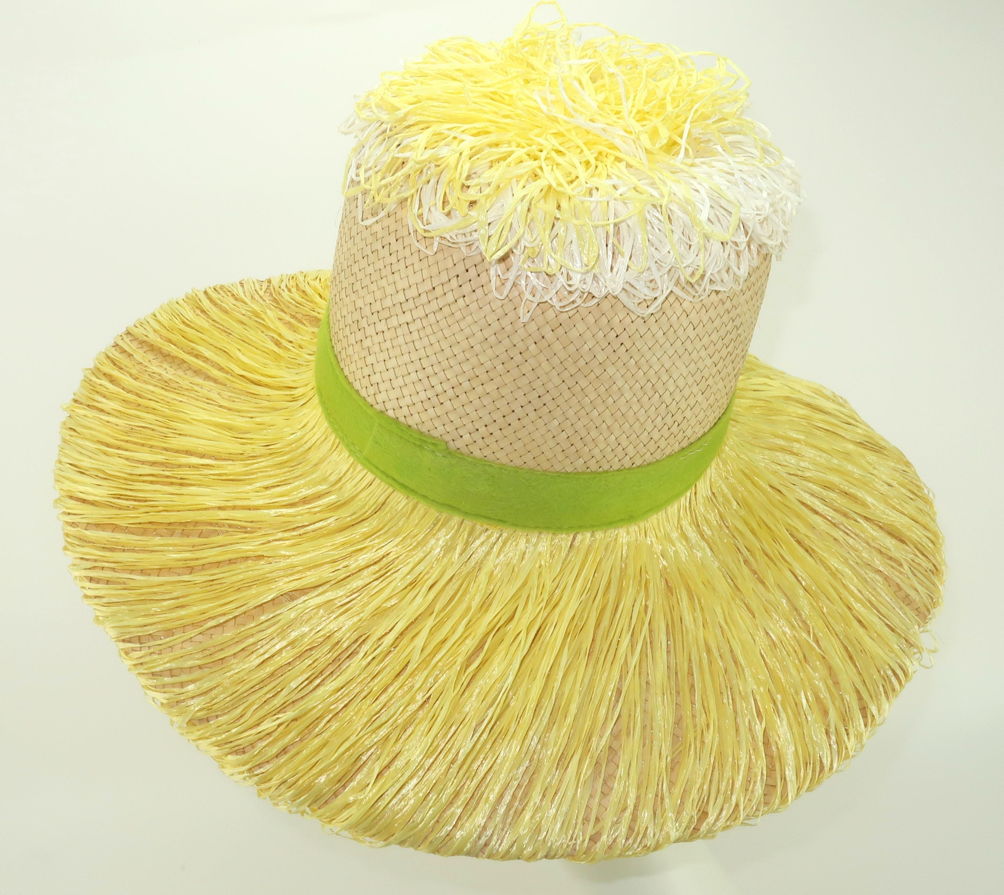 Women's Italian Wide Brim Straw Beach Hat With Sunflower Raffia Trim, 1960's For Sale