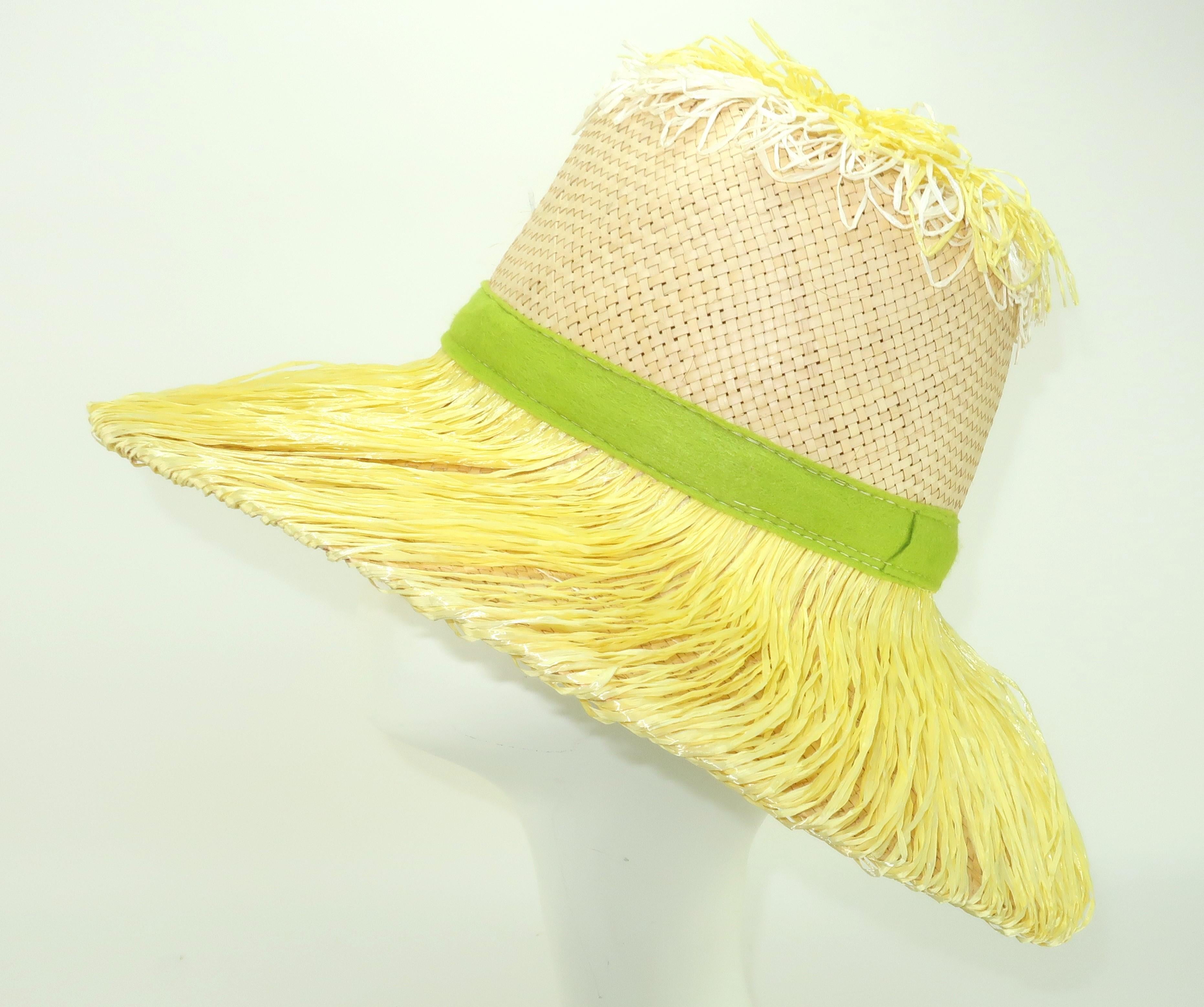 Italian Wide Brim Straw Beach Hat With Sunflower Raffia Trim, 1960's For Sale 1