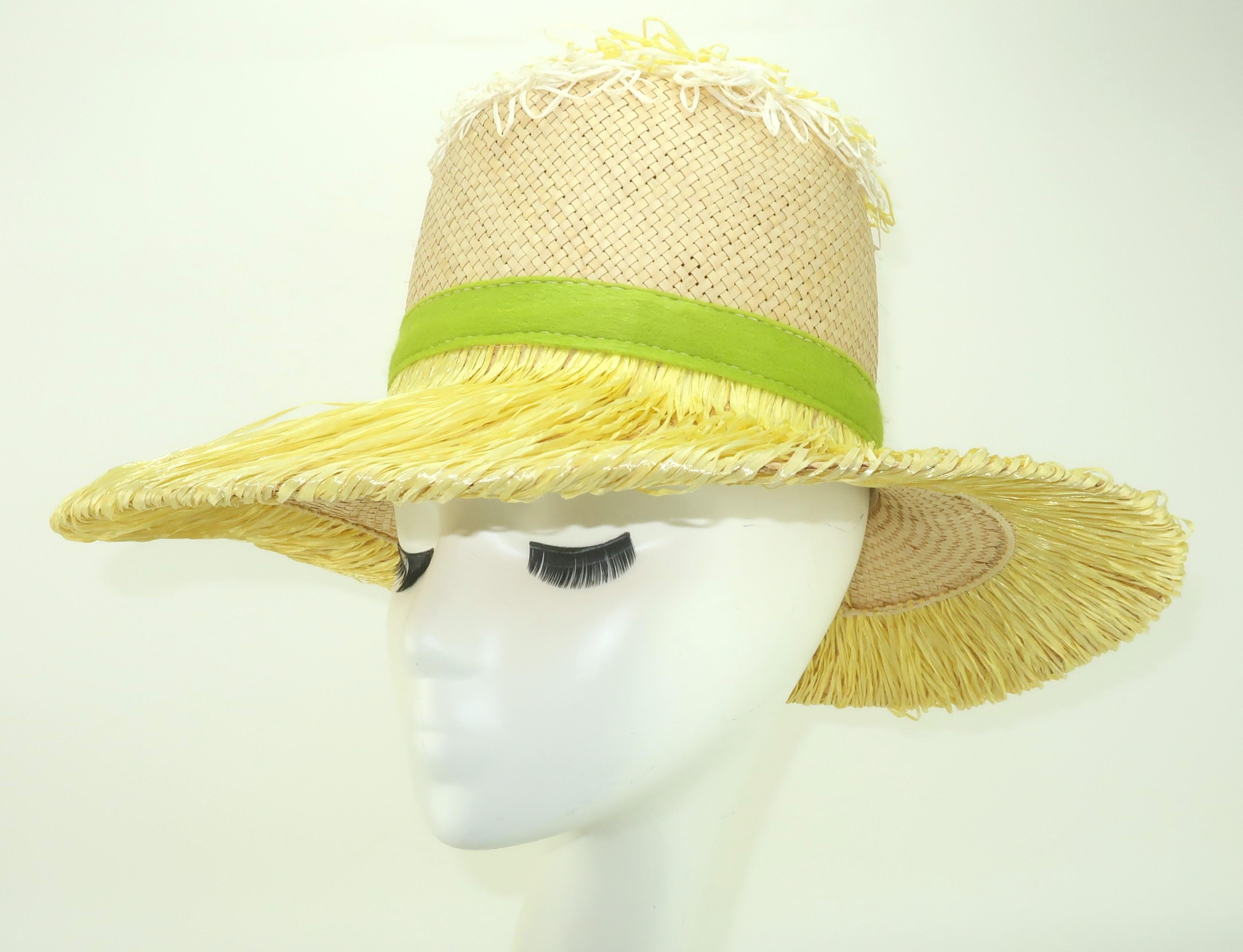 Italian Wide Brim Straw Beach Hat With Sunflower Raffia Trim, 1960's For Sale 2