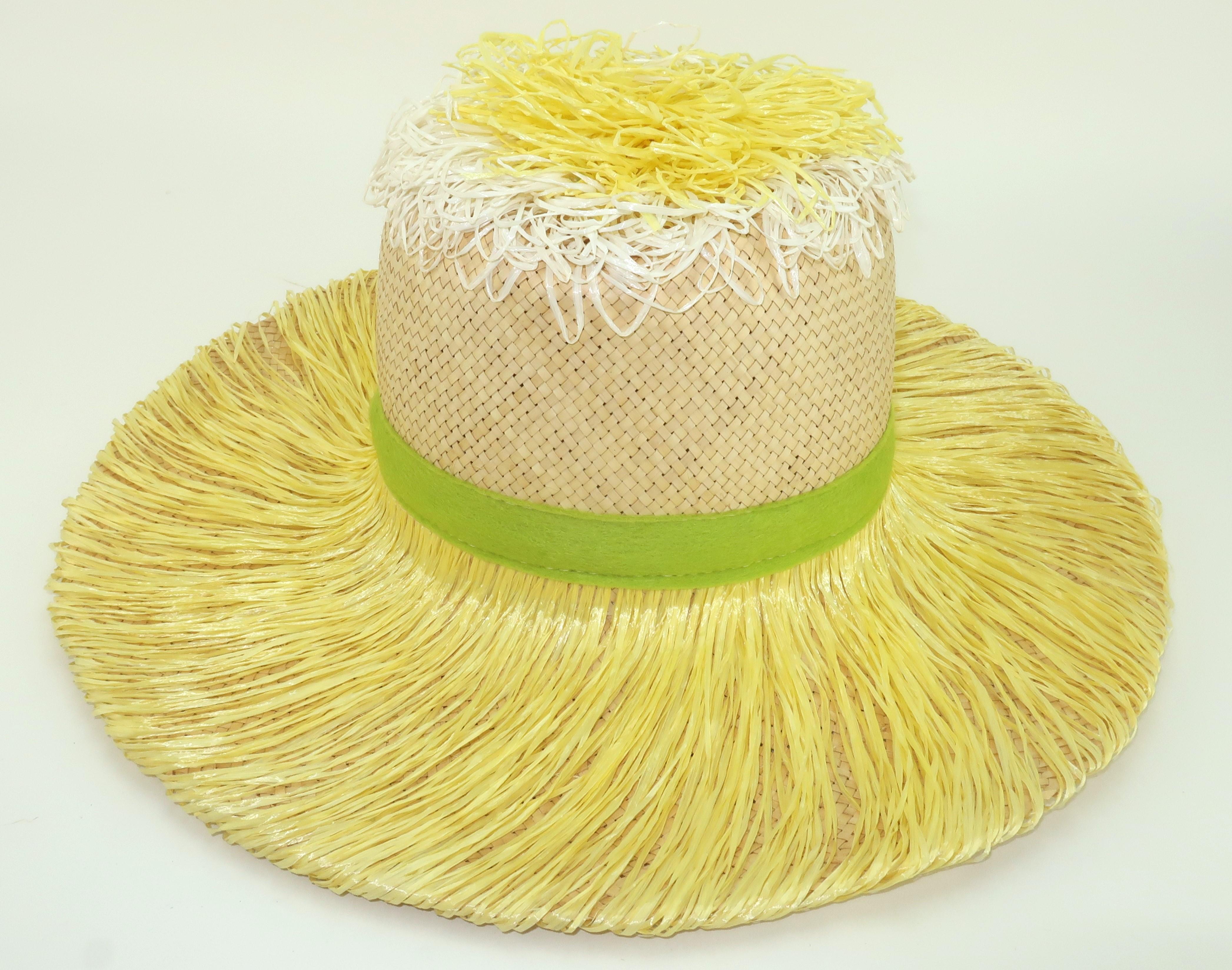 Italian Wide Brim Straw Beach Hat With Sunflower Raffia Trim, 1960's For Sale 3