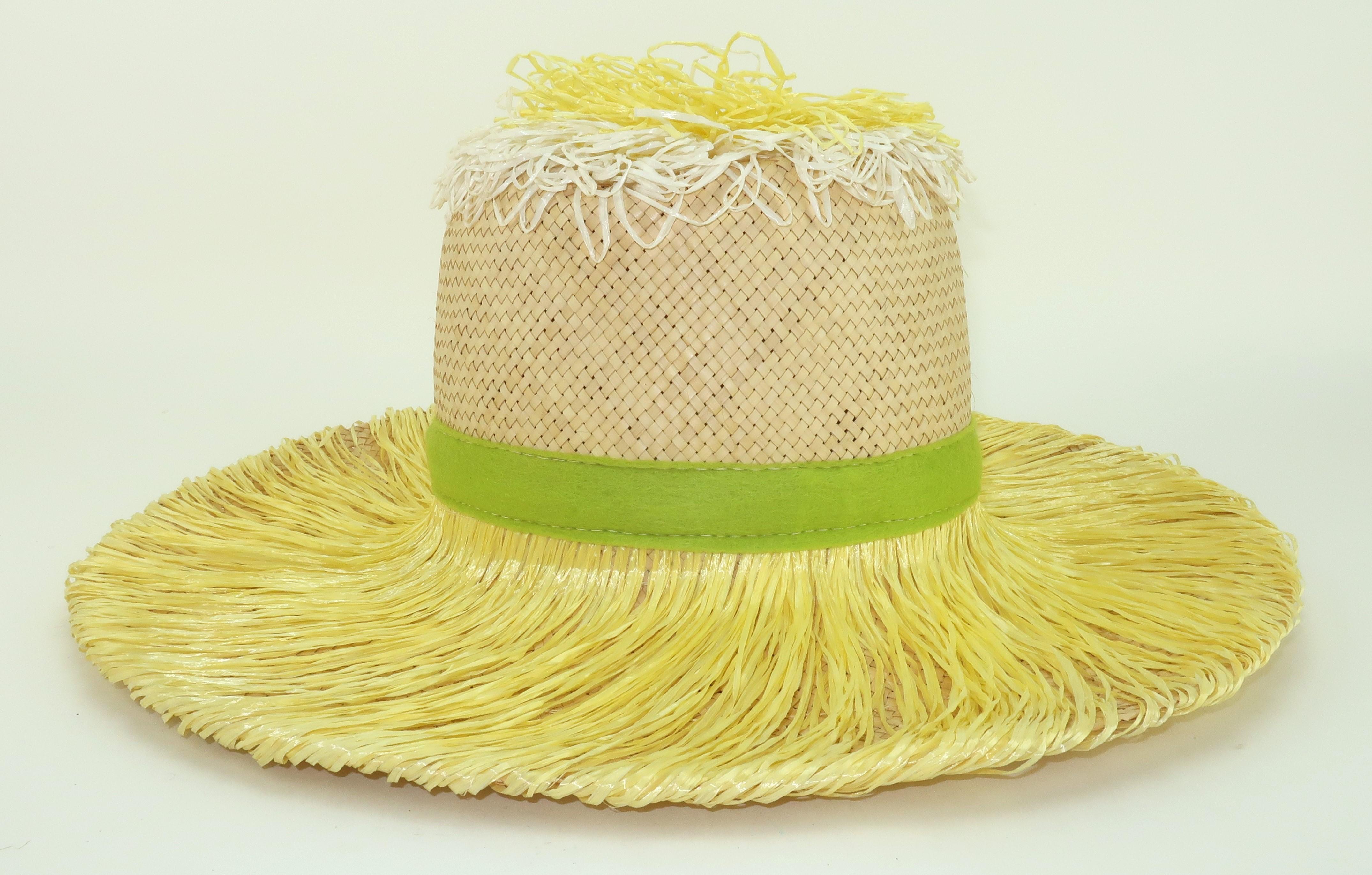 Italian Wide Brim Straw Beach Hat With Sunflower Raffia Trim, 1960's For Sale 4