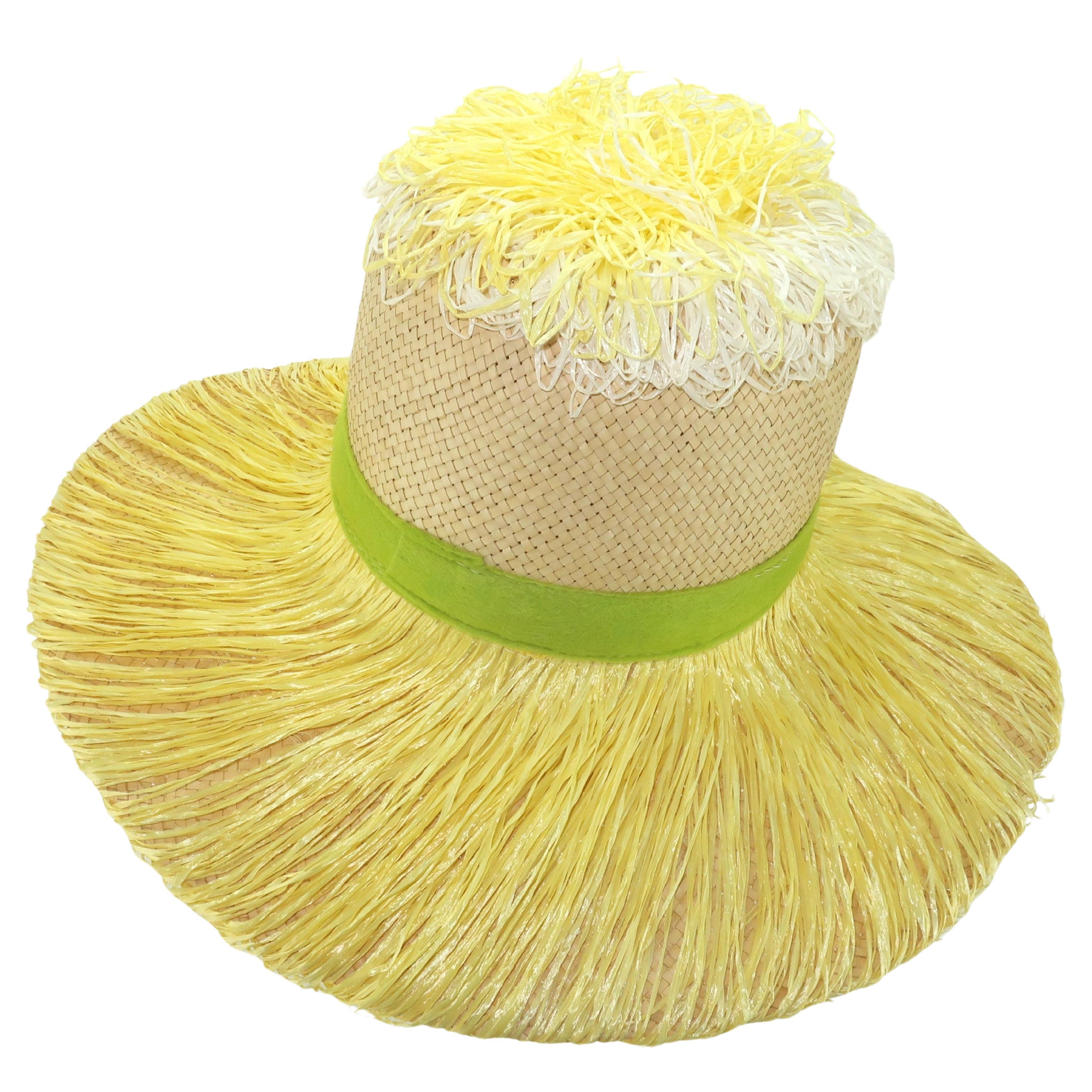 Italian Wide Brim Straw Beach Hat With Sunflower Raffia Trim, 1960's For Sale