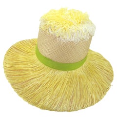 Chapeau de plage italien à large bord avec bordure en raphia tournesol, années 1960