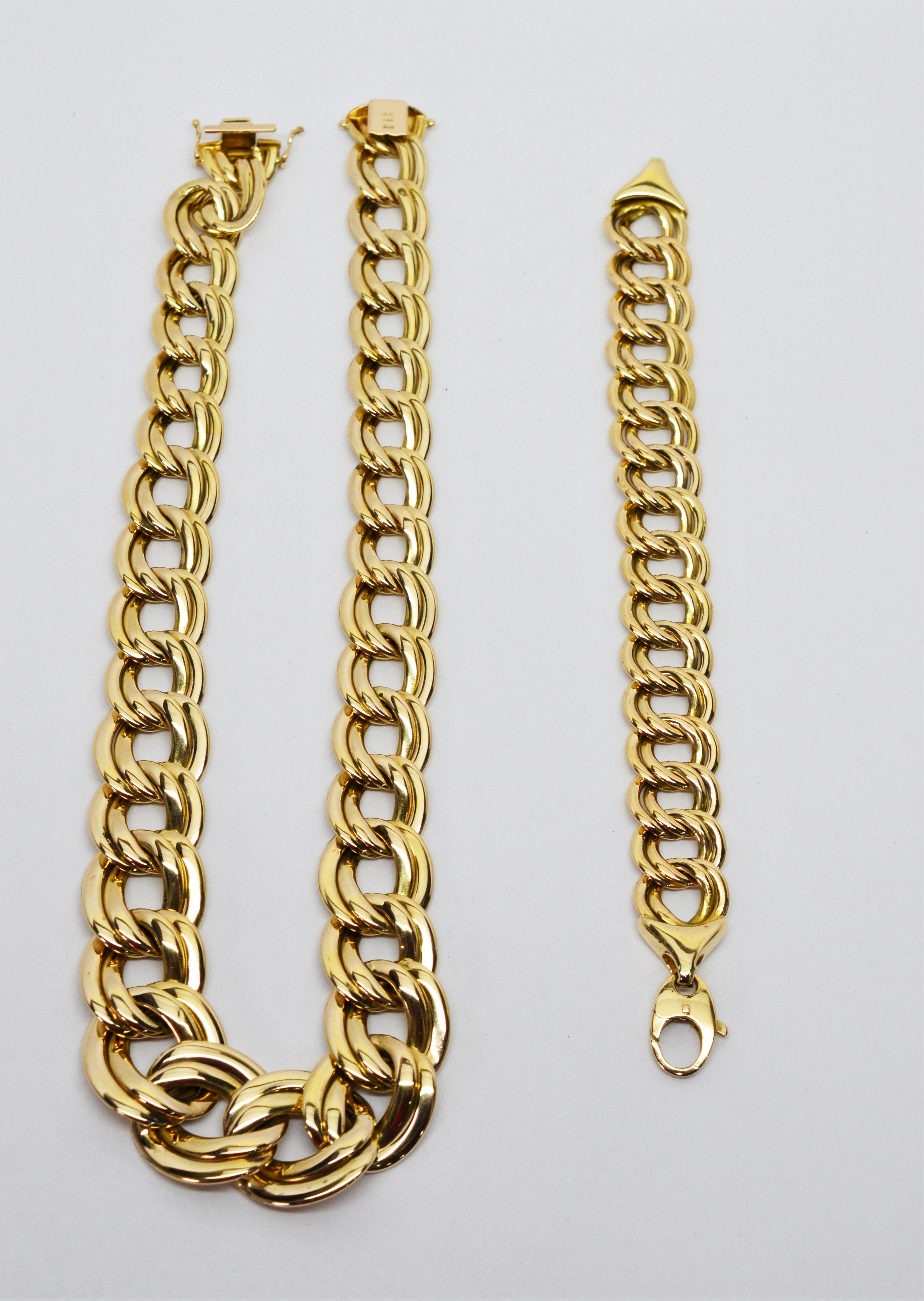 Italian Double Link Chain 14 Karat Yellow Gold Necklace and Bracelet Set 3