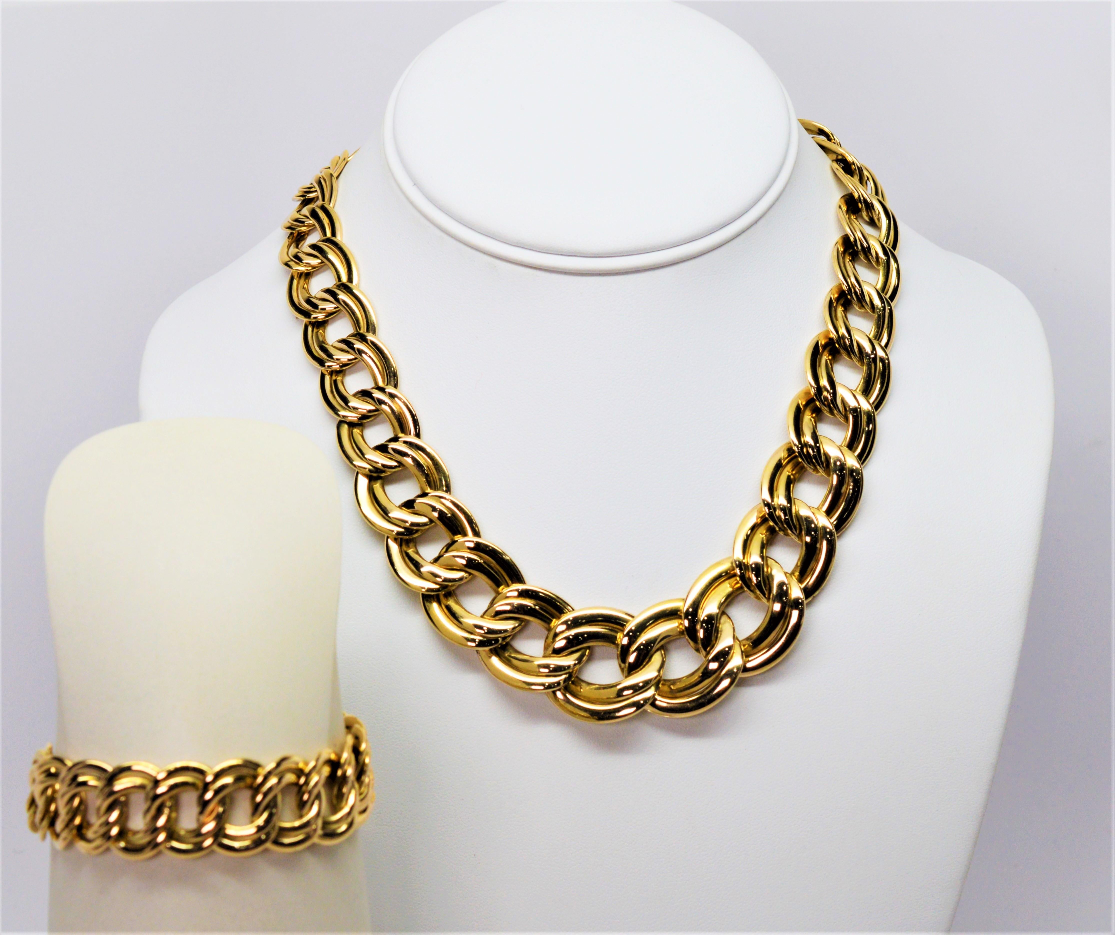 Italian Double Link Chain 14 Karat Yellow Gold Necklace and Bracelet Set 4