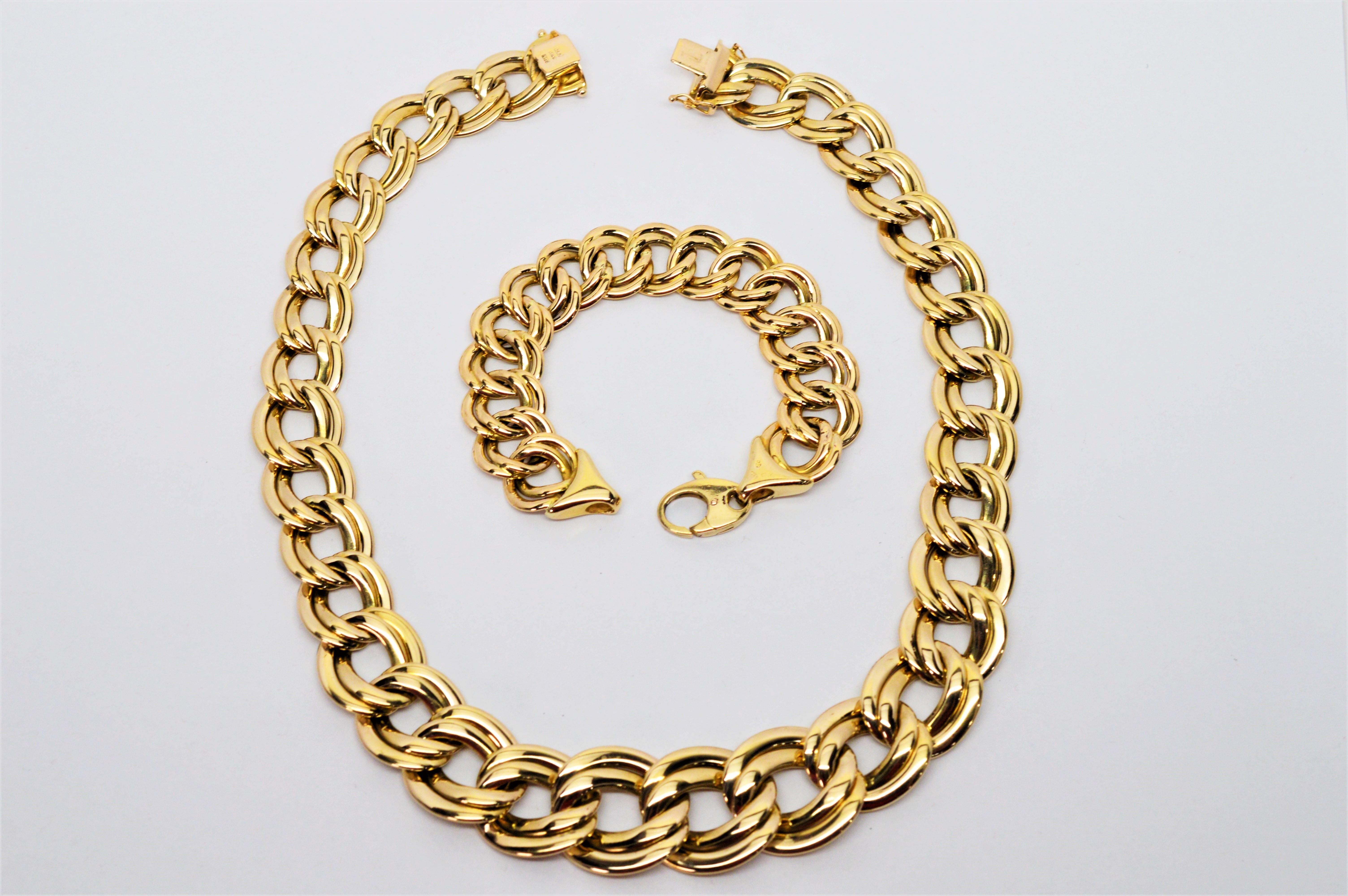 Women's Italian Double Link Chain 14 Karat Yellow Gold Necklace and Bracelet Set
