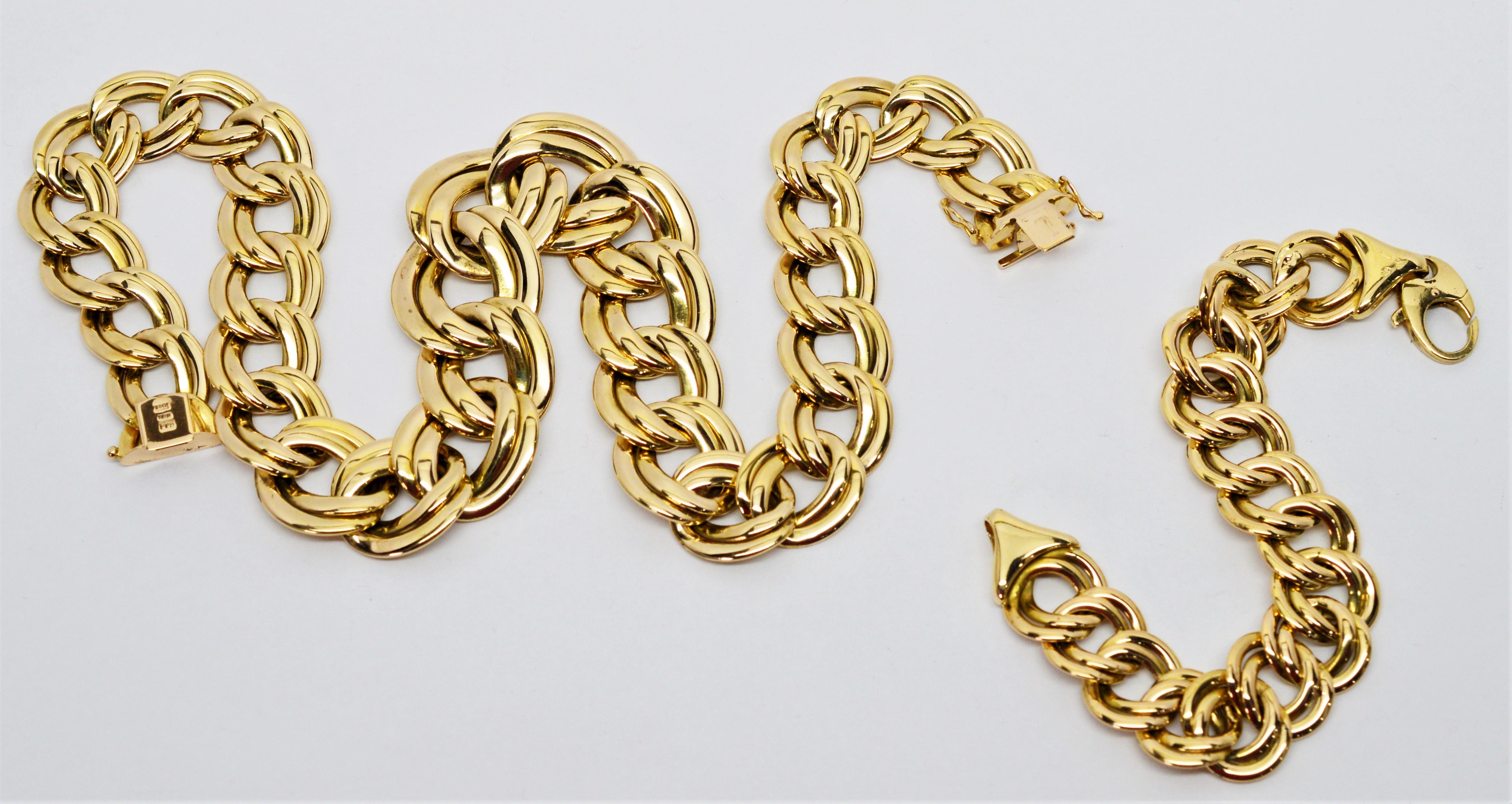 Italian Double Link Chain 14 Karat Yellow Gold Necklace and Bracelet Set 1