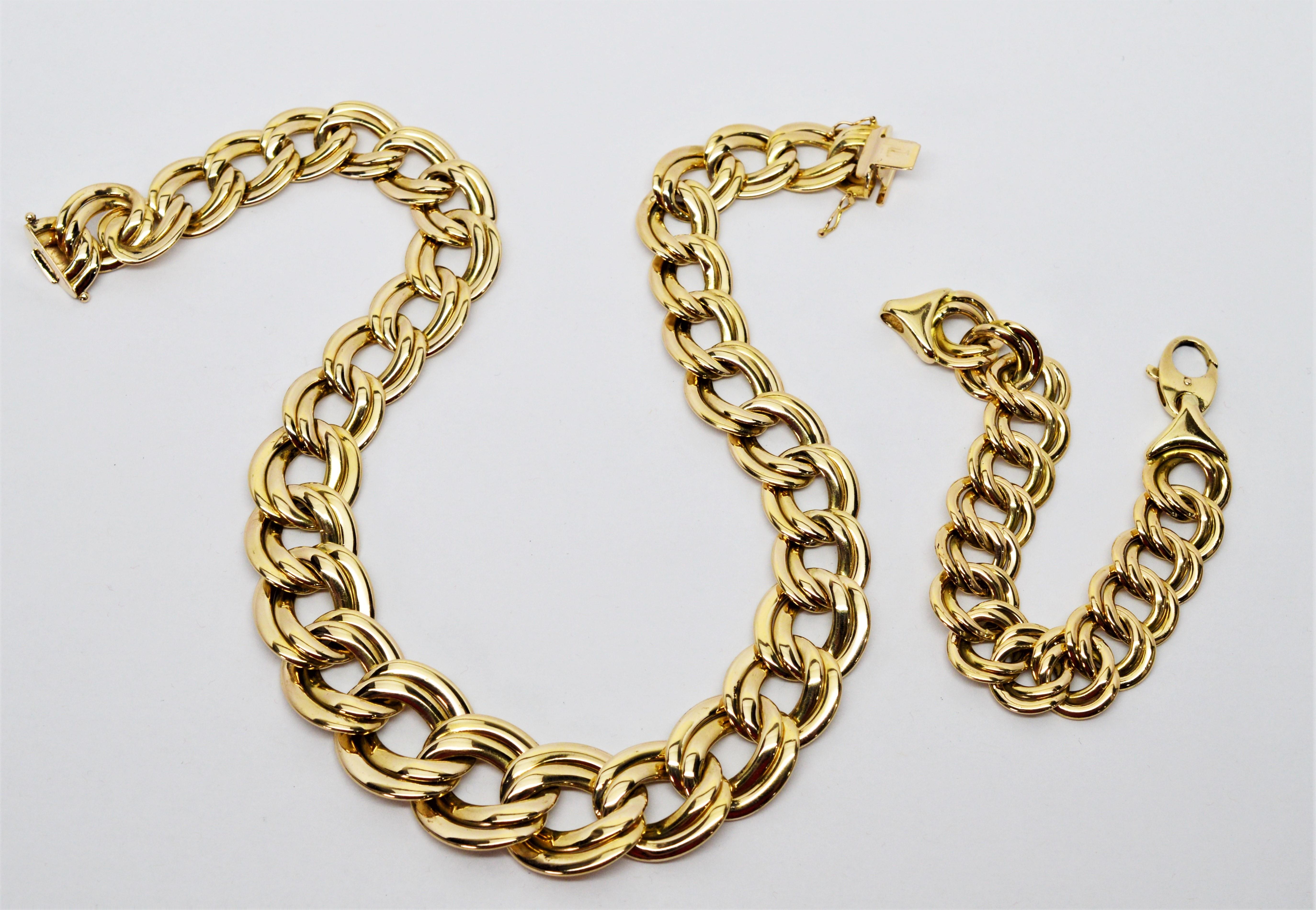 Italian Double Link Chain 14 Karat Yellow Gold Necklace and Bracelet Set 2