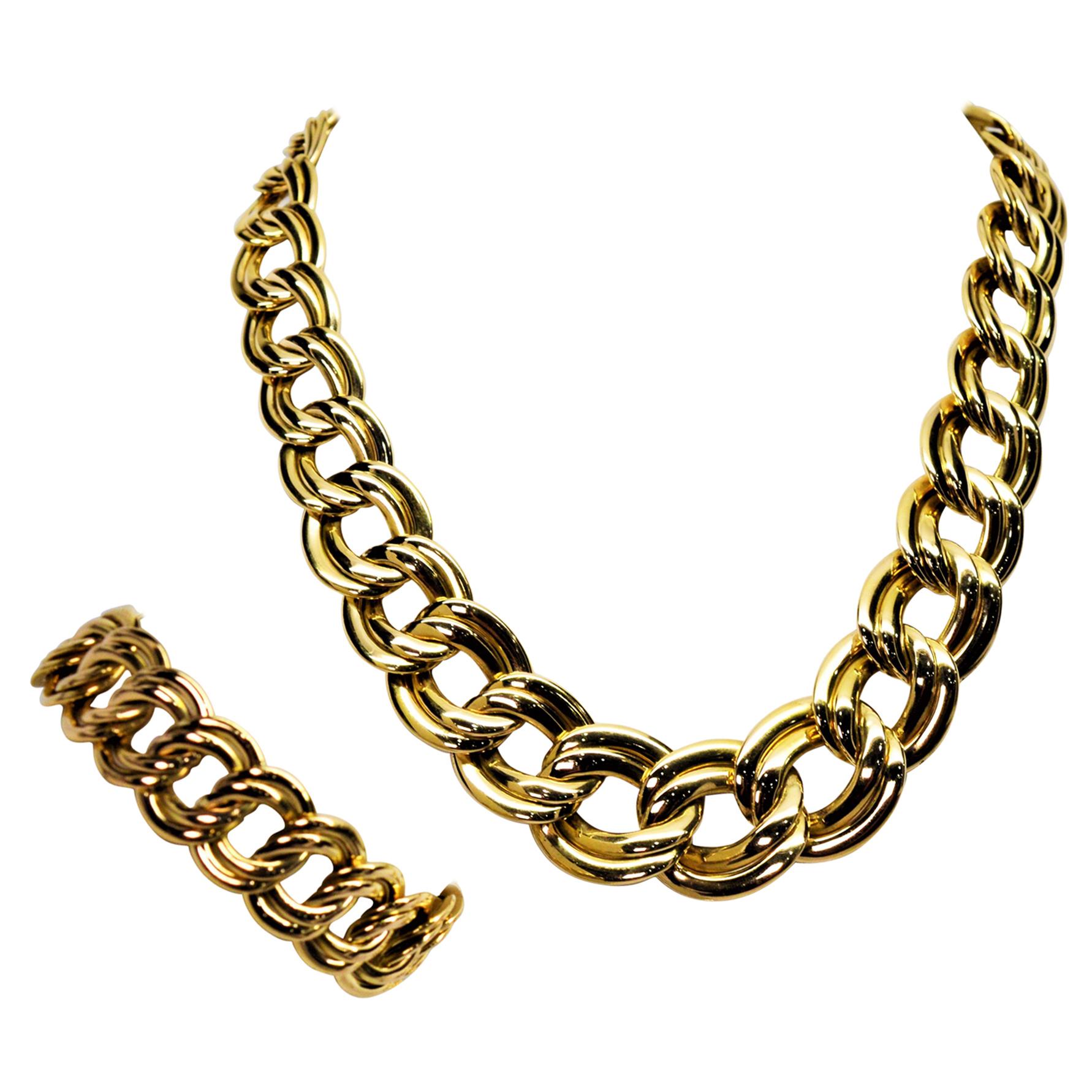 Italian Double Link Chain 14 Karat Yellow Gold Necklace and Bracelet Set