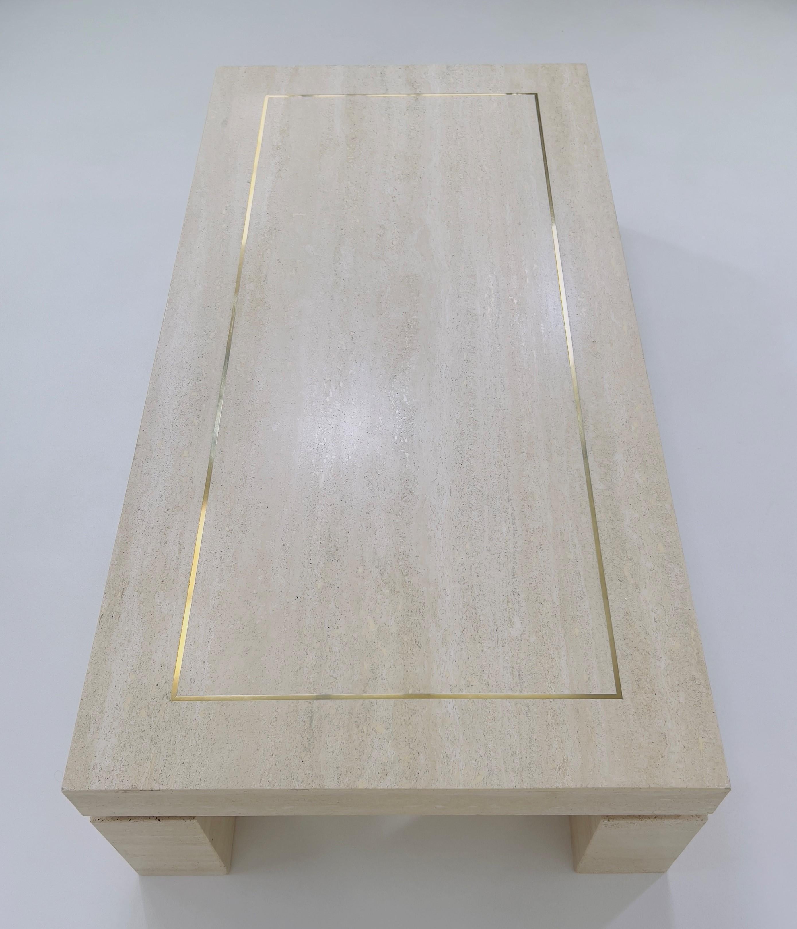 Italian Willy Rizzo 1970s Design Large Travertine and Brass Coffee Table 5