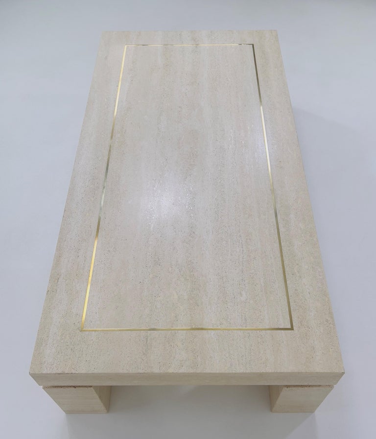 Italian Willy Rizzo 1970s Design Large Travertine and Brass Coffee Table For Sale 5