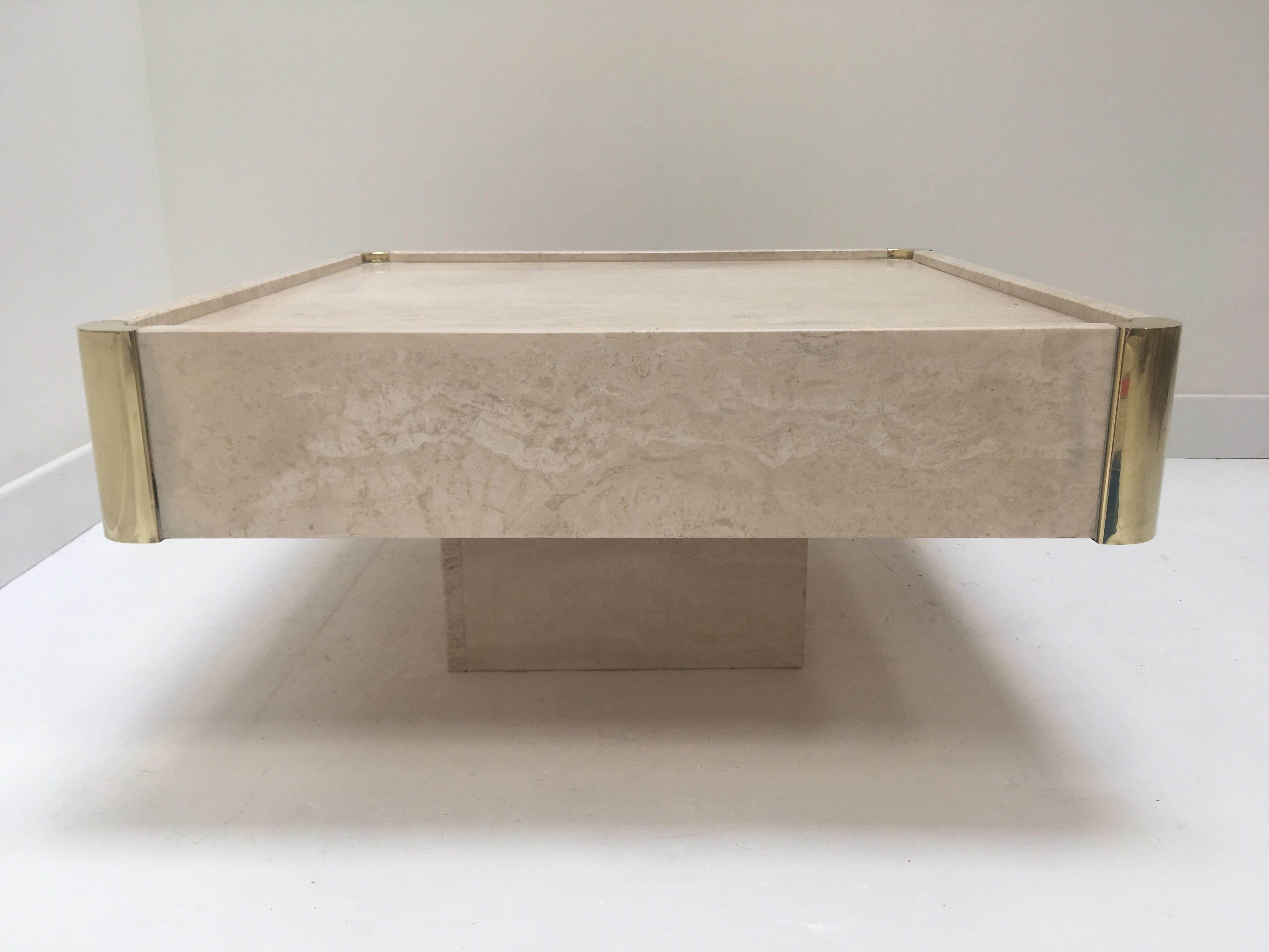 Italian Willy Rizzo 1970s Design Square Travertine and Brass Coffee Table 4