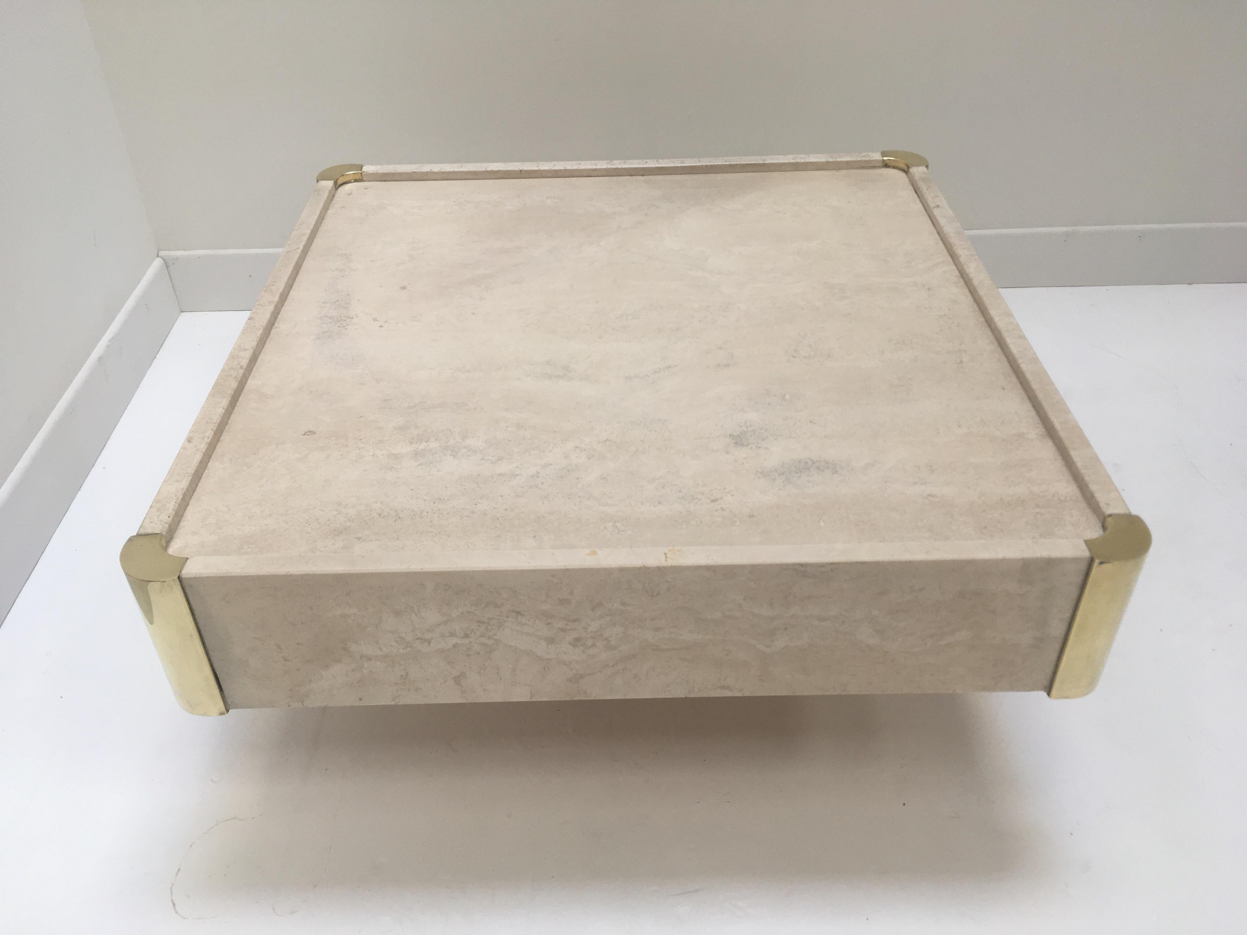 Italian Willy Rizzo 1970s Design Square Travertine and Brass Coffee Table 5