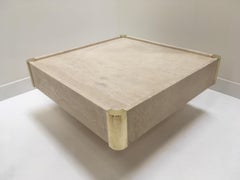 Italian Willy Rizzo 1970s Design Square Travertine and Brass Coffee Table