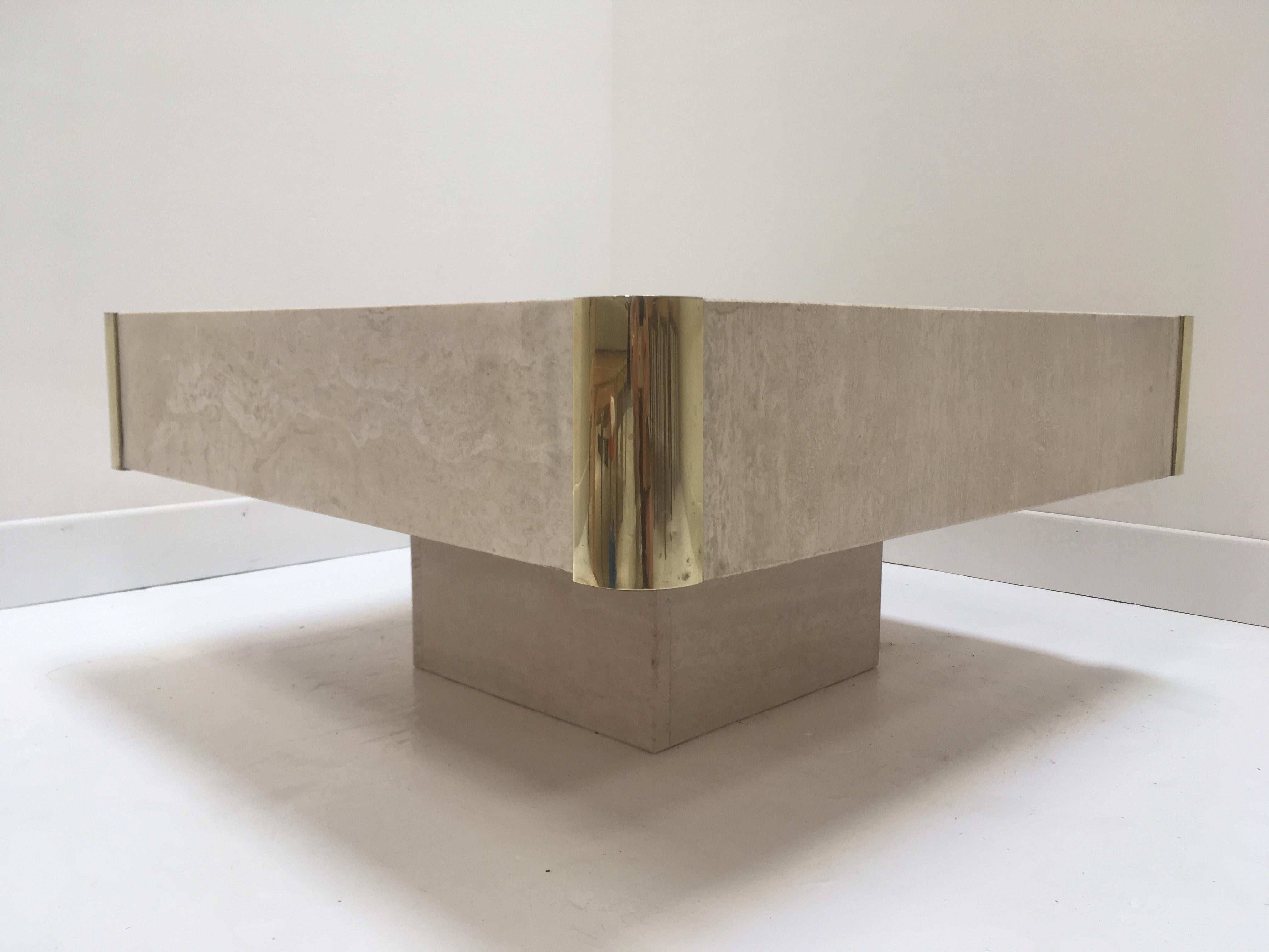 Space Age Italian Willy Rizzo 1970s Design Square Travertine and Brass Coffee Table