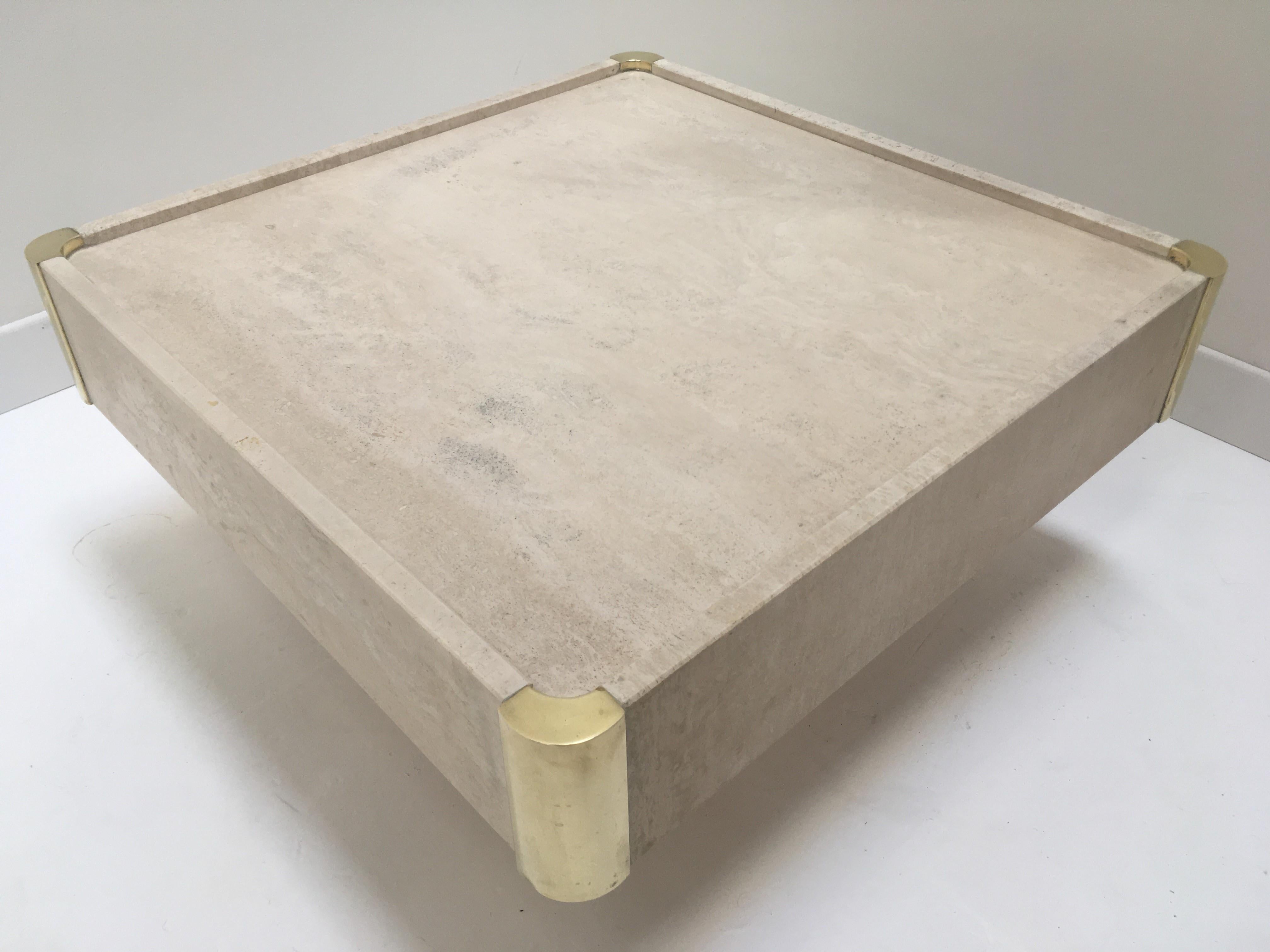 European Italian Willy Rizzo 1970s Design Square Travertine and Brass Coffee Table