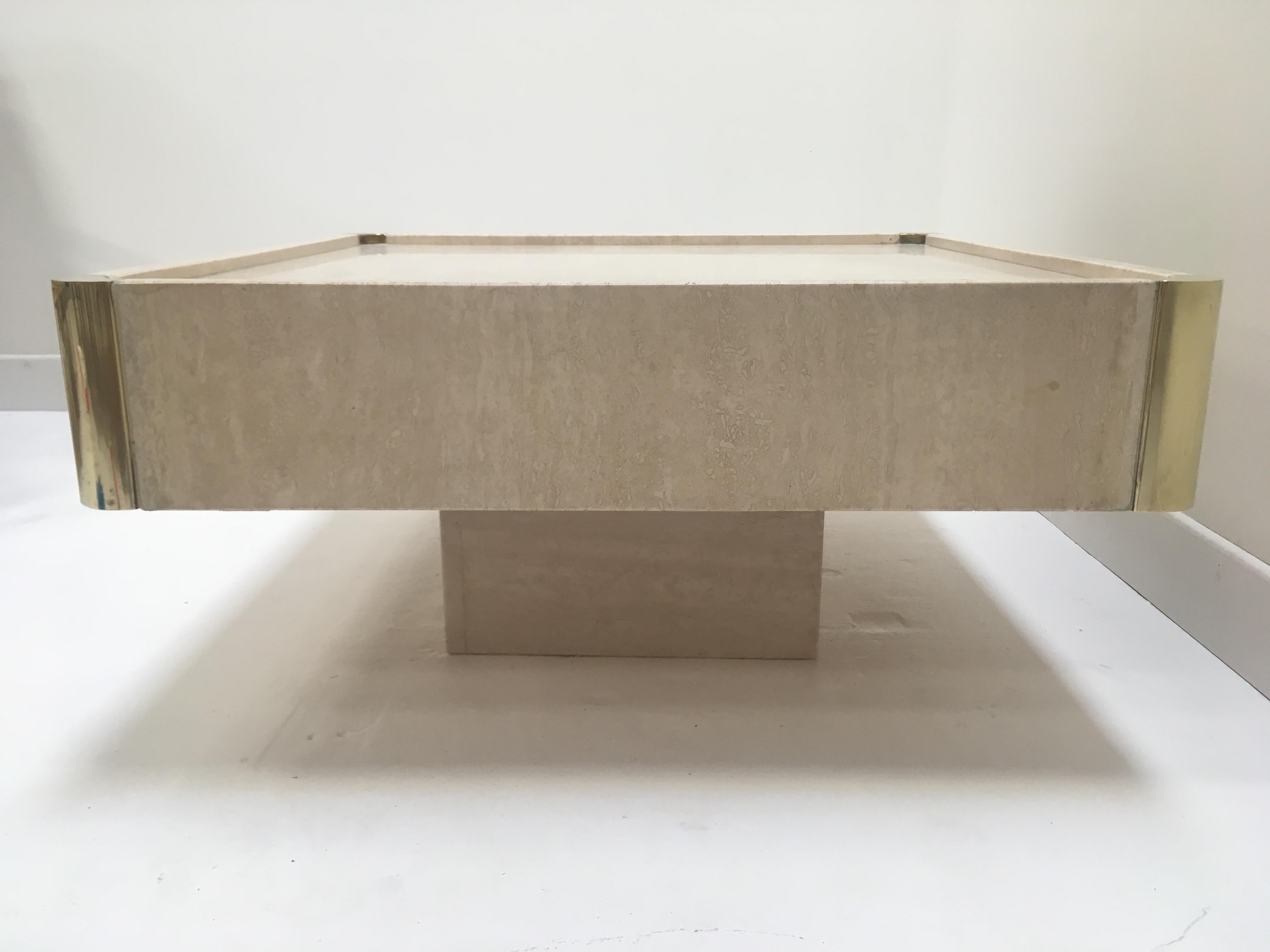 20th Century Italian Willy Rizzo 1970s Design Square Travertine and Brass Coffee Table