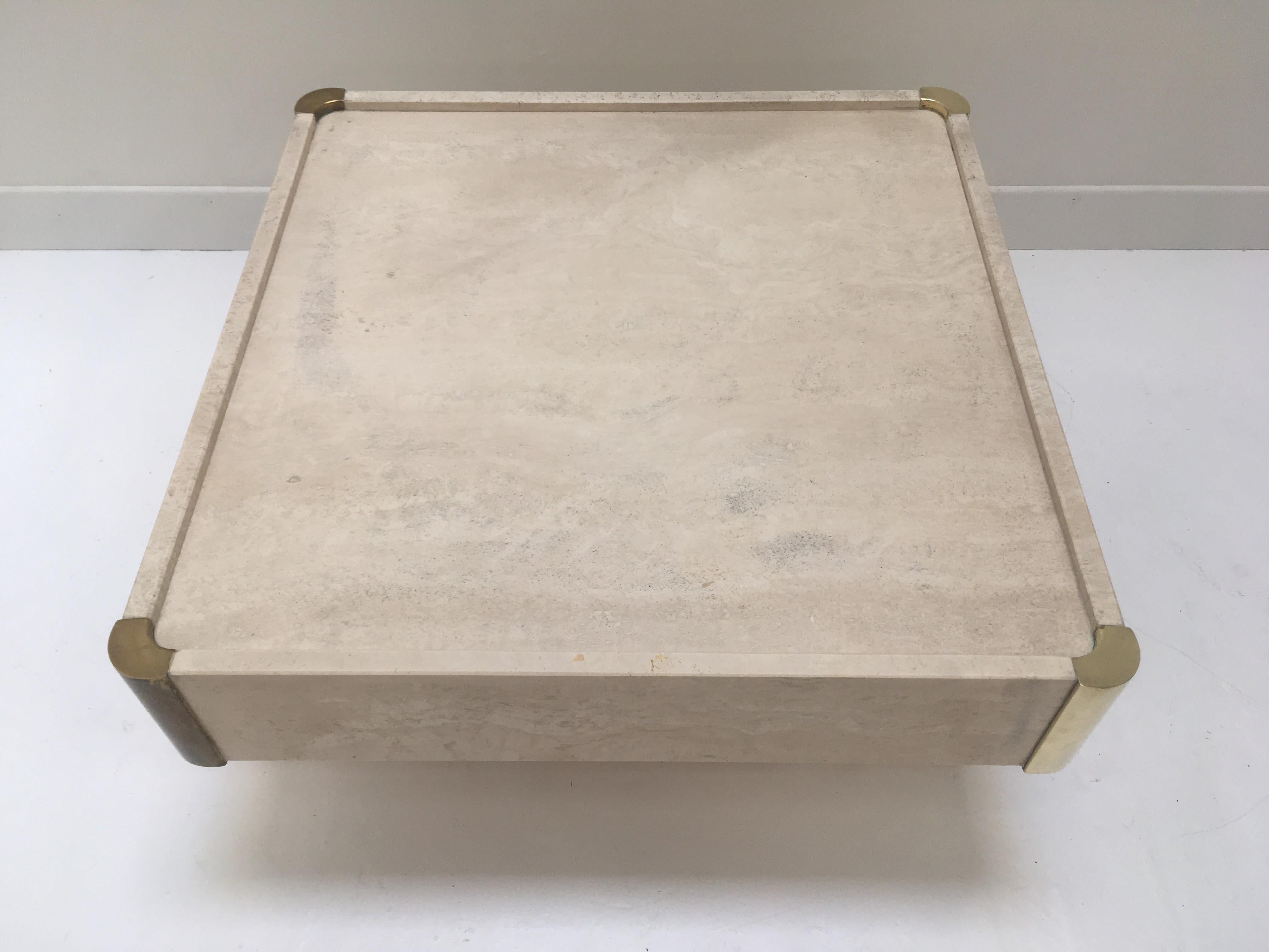Italian Willy Rizzo 1970s Design Square Travertine and Brass Coffee Table 1