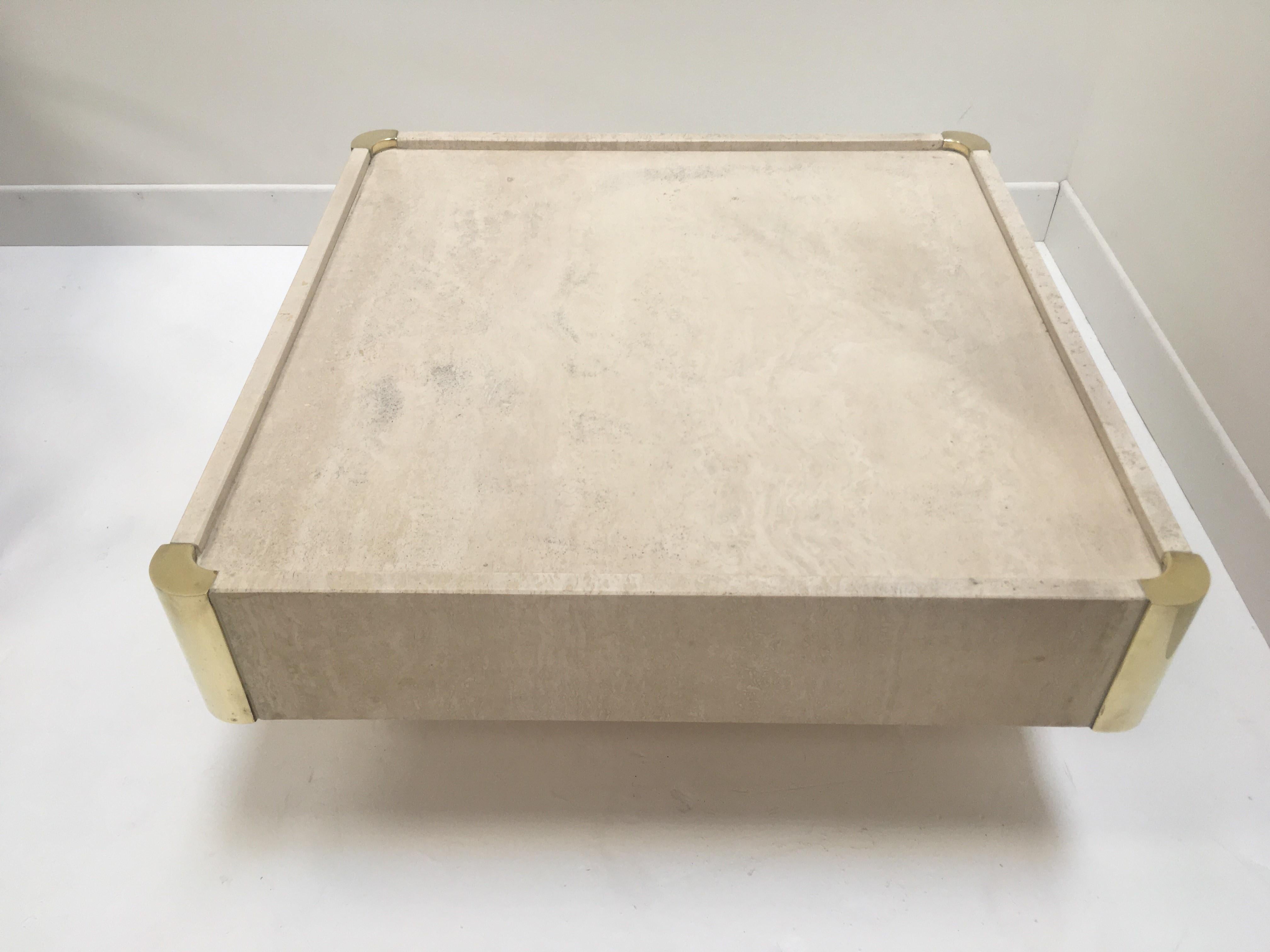 Italian Willy Rizzo 1970s Design Square Travertine and Brass Coffee Table 2